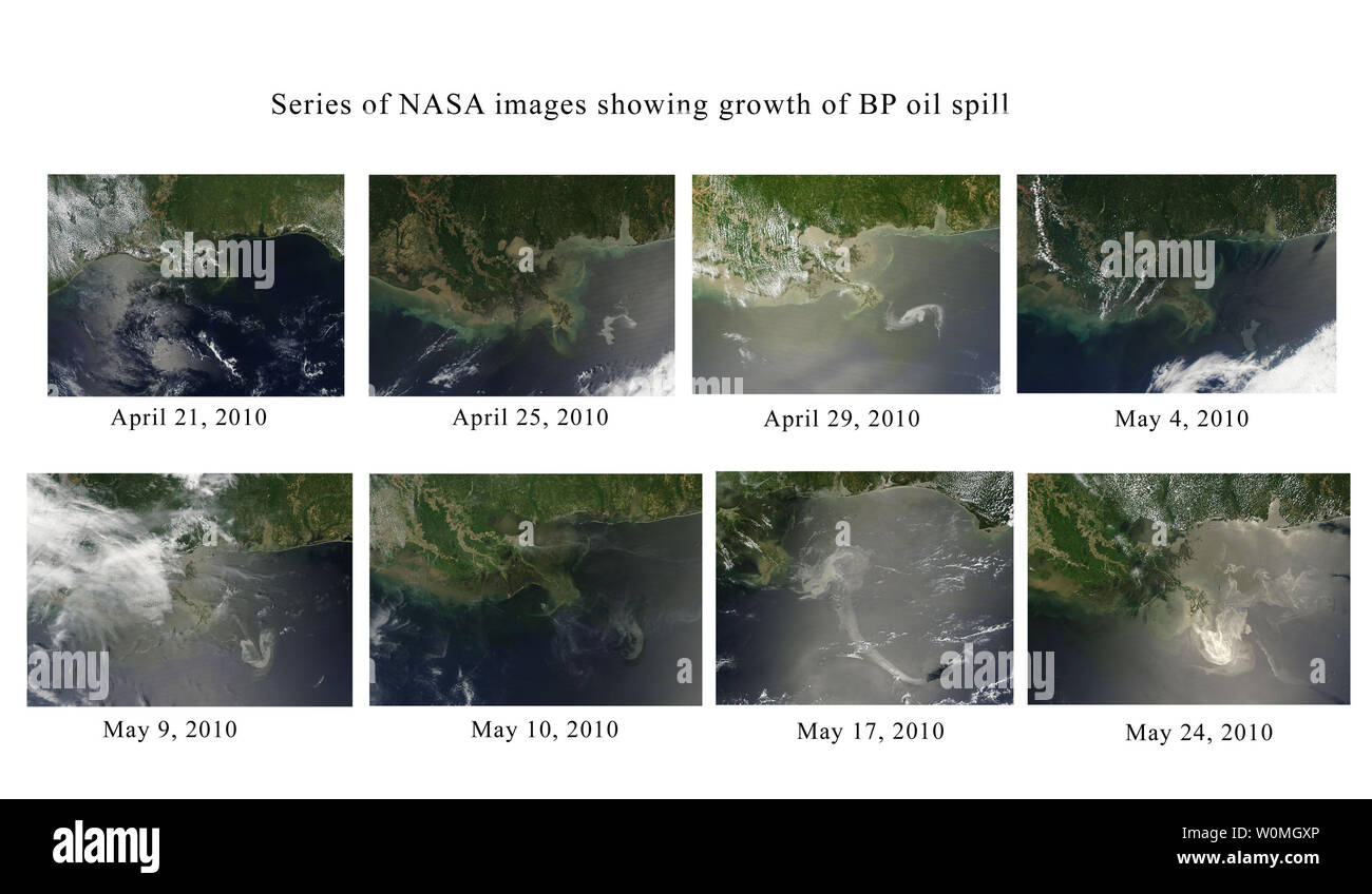 Une série d'images satellite de la NASA prises entre le 21 avril et le 24 mai 2010 montre la progression de la marée noire de la plateforme pétrolière Deepwater Horizon explosion dans le golfe du Mexique. UPI/NASA/MODIS Rapid Response Banque D'Images