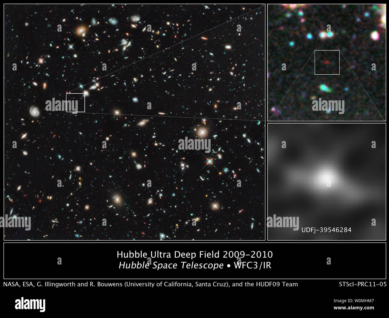 Le plus loin et l'une des toutes premières galaxies jamais vu dans l'univers apparaît comme une faible tache rouge dans ce domaine ultra-profonde sensibilité pris avec la NASA's Hubble Space Telescope. L'image a été publiée par la NASA le 26 janvier 2011. C'est le plus profond de l'image infrarouge de l'univers. En fonction de la couleur de l'objet, les astronomes estiment qu'il est de 13,2 milliards d'années-lumière. UPI/NASA Banque D'Images