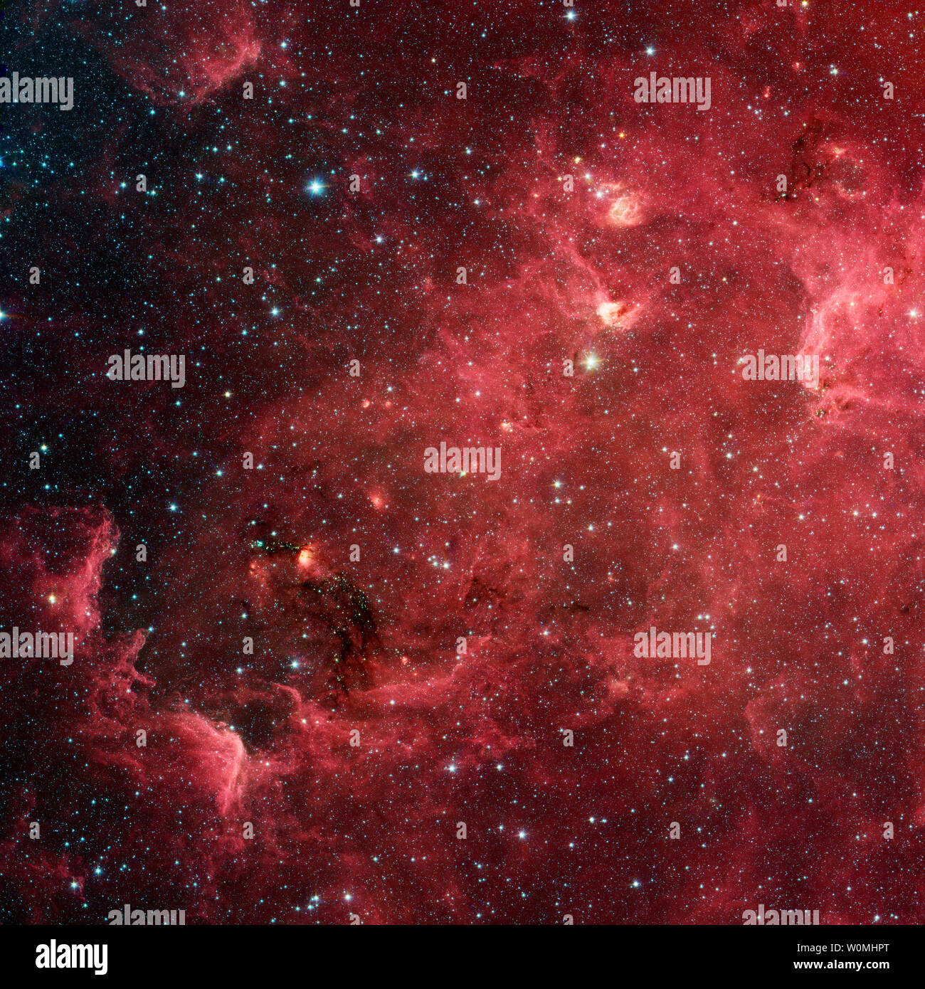 Ce paysage tourbillonnant des étoiles est connu sous le nom de Nébuleuse de l'Amérique du Nord. En lumière visible, la région ressemble à l'Amérique du Nord, mais dans cette nouvelle vue dans l'infrarouge du télescope spatial Spitzer de la NASA, le continent disparaît. UPI/NASA/JPL-Caltech Banque D'Images
