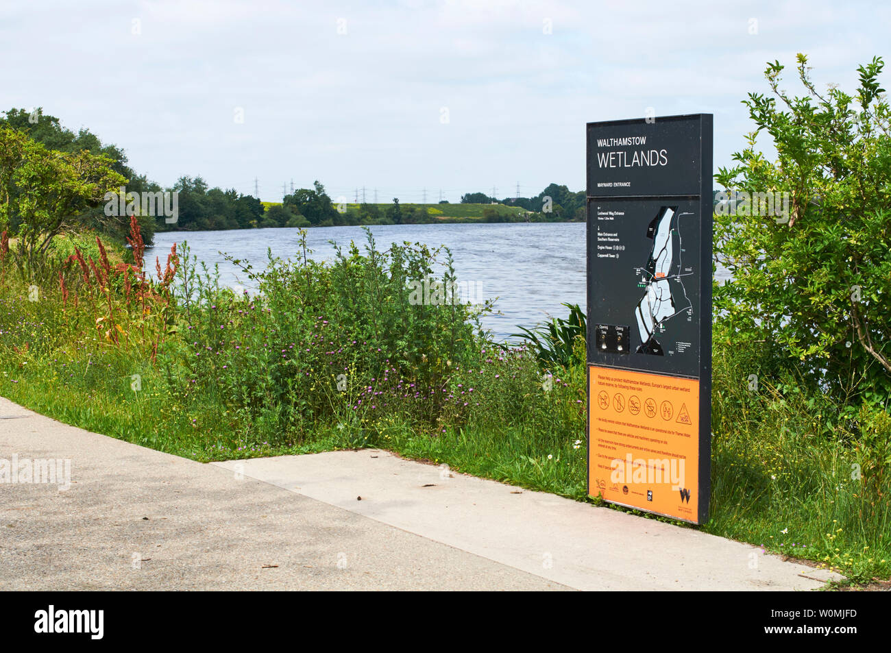 Les zones humides de Walthamstow panneau d'entrée à faible réservoir Maynard, Walthamstow, North London UK Banque D'Images