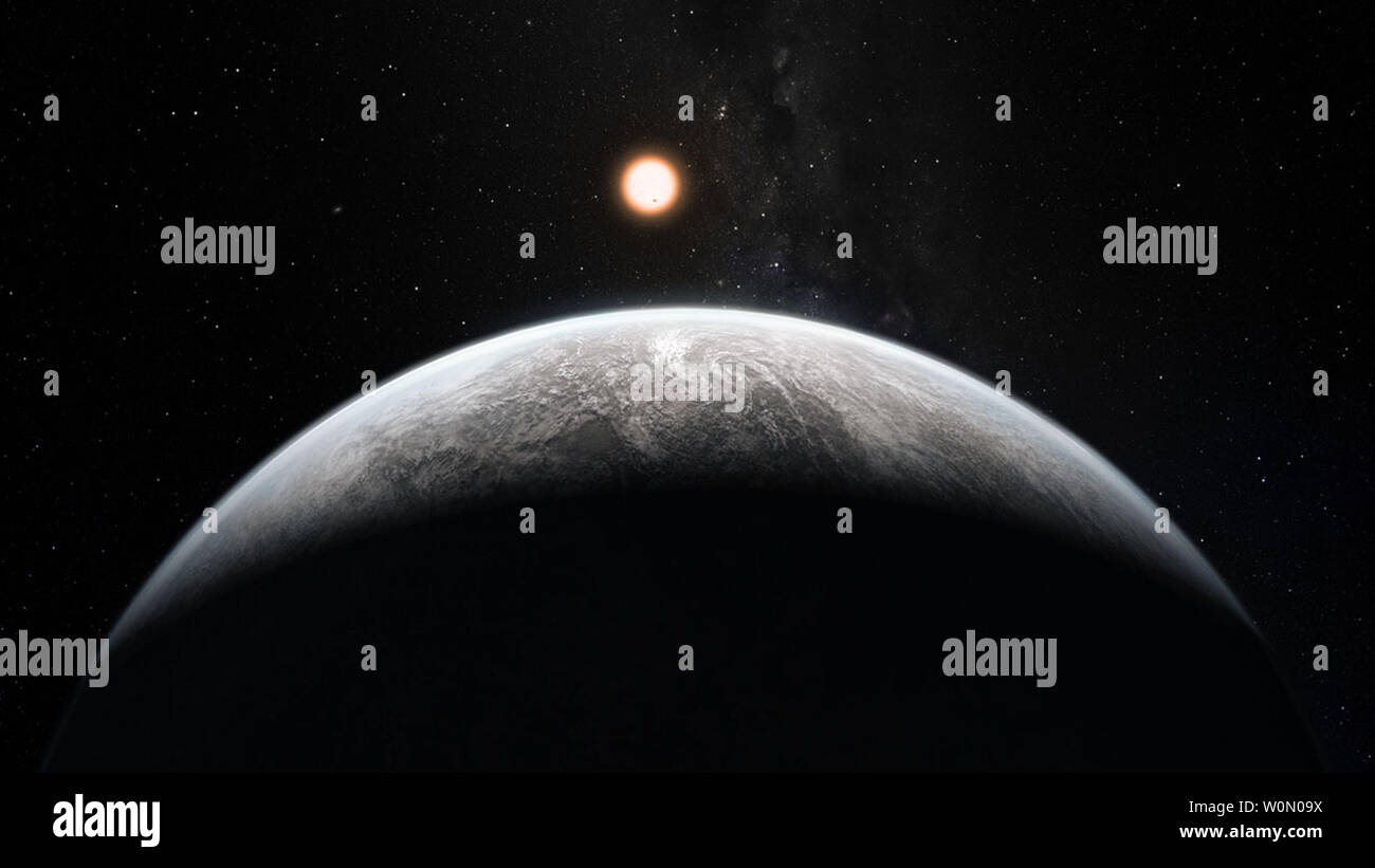 Cette artistÕs impression montre la planète en orbite autour de l'étoile HD  85512 dans le sud de la constellation de Vela (la voile). Cette planète est  l'un des 16 super-terres découvertes par