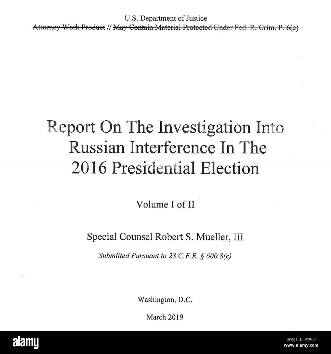 La première page de l'avocat spécial le rapport de Robert Mueller est sortie en format numérique le 18 avril 2019 à Washington, DC. Le procureur général William Barr a tenu conférence de presse au Ministère de la Justice à Washington, DC sur le rapport concernant l'ingérence russe dans l'élection de 2016. UPI Banque D'Images