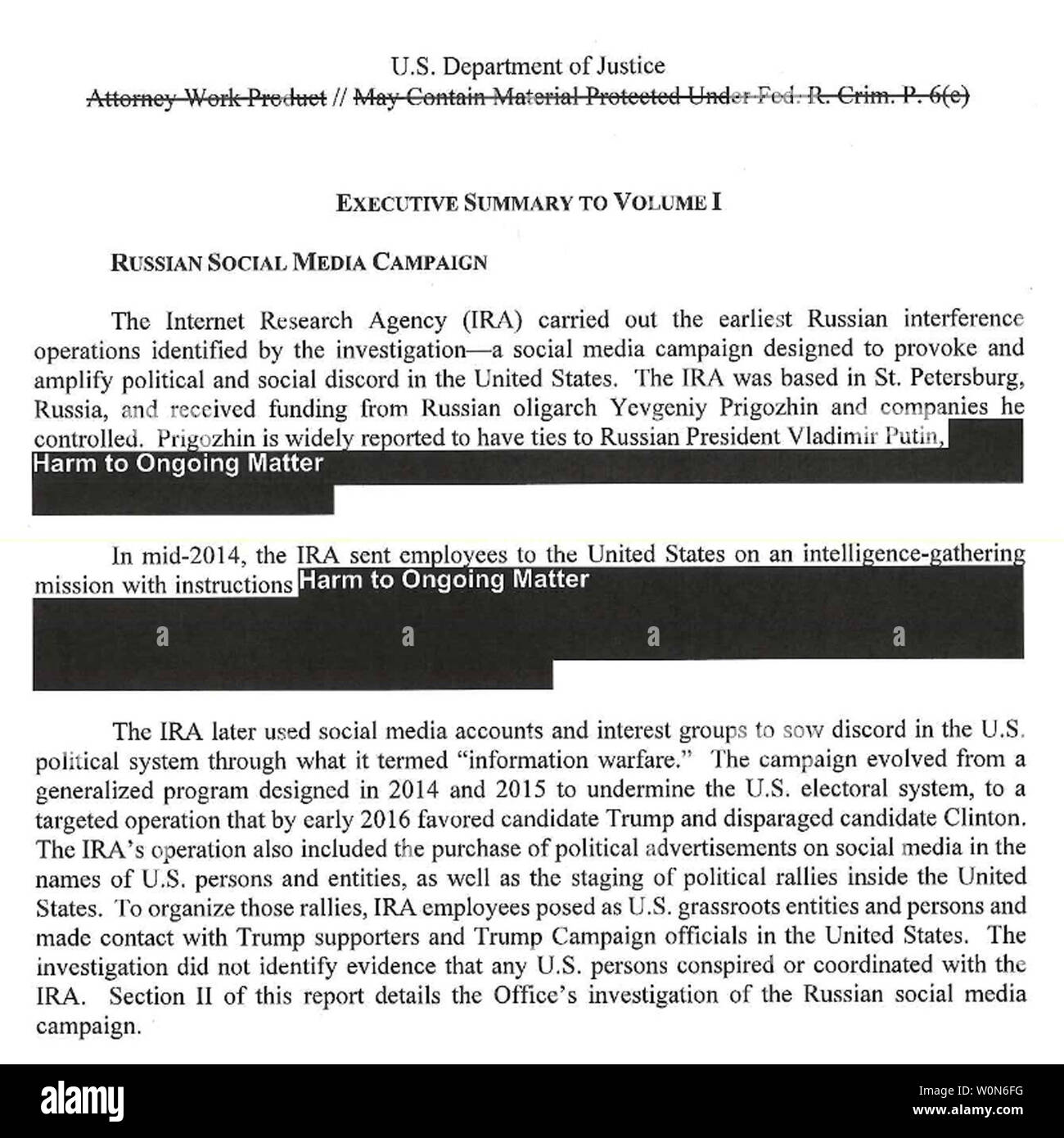 Rédigé le sommaire exécutif de l'avocat spécial le rapport de Robert Mueller est sortie en format numérique le 18 avril 2019 à Washington, DC. Le procureur général William Barr a tenu conférence de presse au Ministère de la Justice à Washington, DC sur le rapport concernant l'ingérence russe dans l'élection de 2016. UPI Banque D'Images