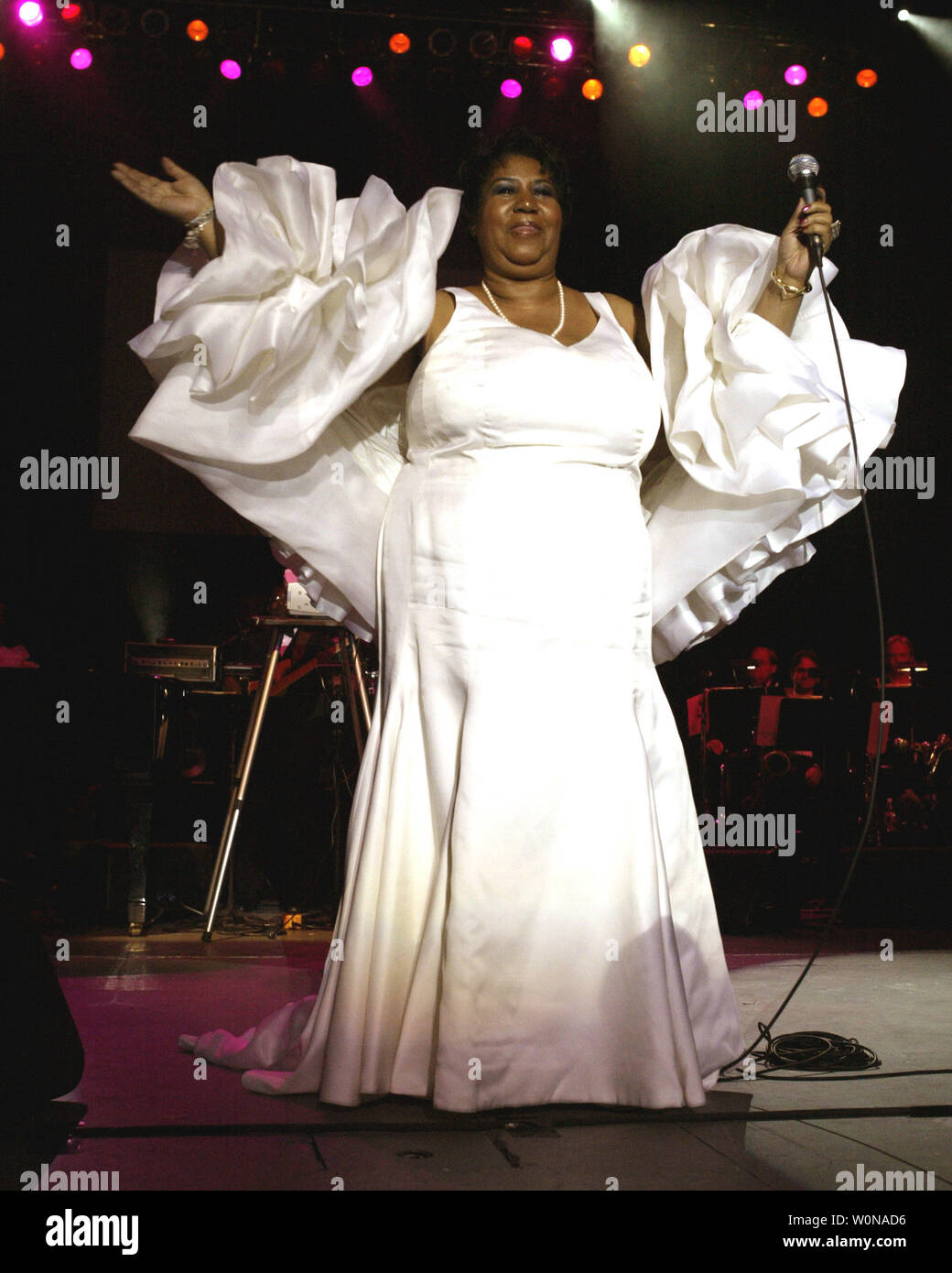 Aretha Franklin, la Reine de l'âme '', se produit en concert, à l'amphithéâtre du parc Mizner, à Boca Raton, en Floride, le 22 avril 2005. (Photo d'UPI/Michael Bush) Banque D'Images