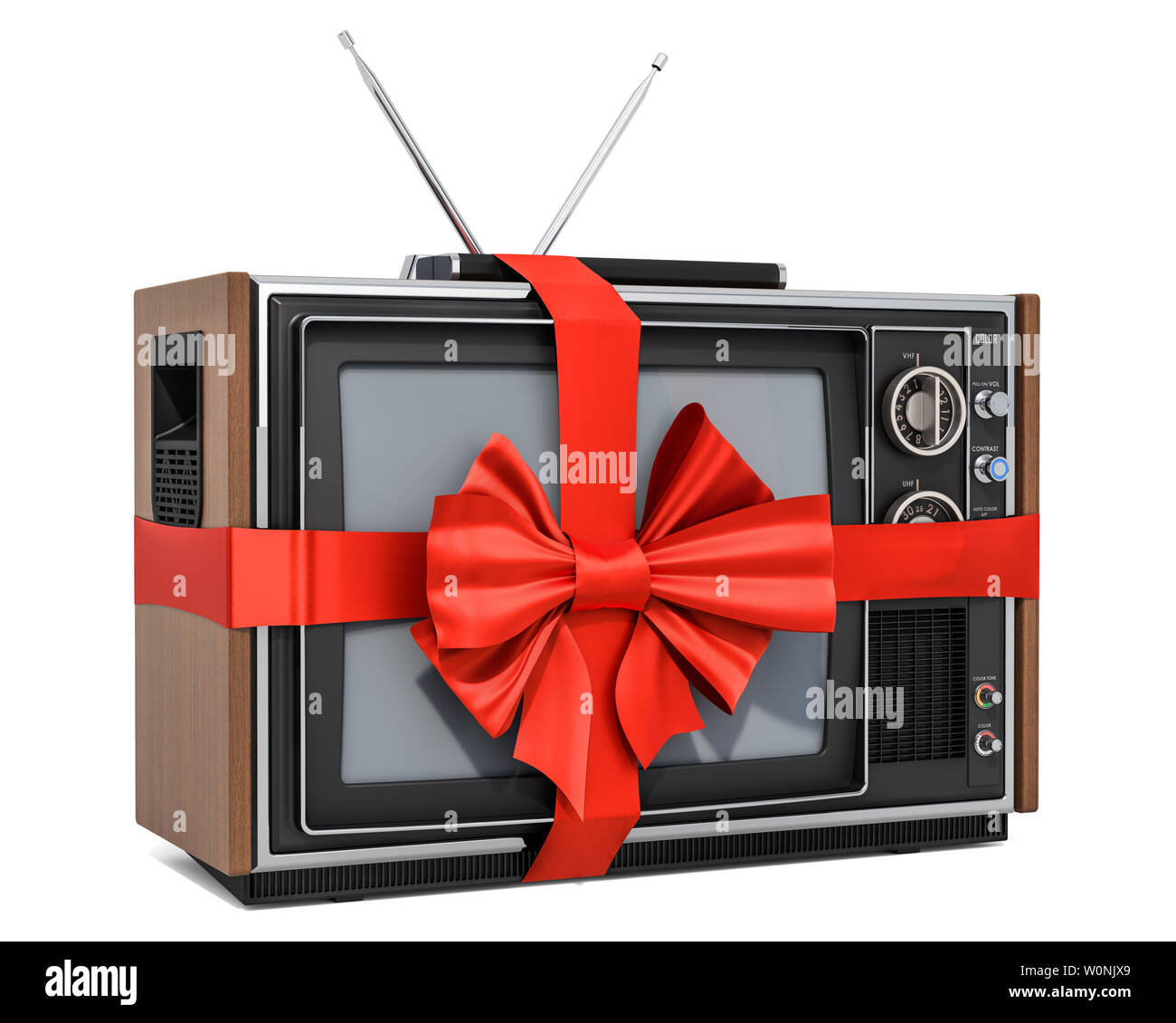 Concept de cadeau, le téléviseur à l'aide d'un ruban rouge et bow. Le rendu 3D isolé sur fond blanc Banque D'Images Concept de cadeau, le téléviseur à l'aide d'un ruban rouge et bow. Le rendu 3D isolé sur fond blanc Banque D'Images