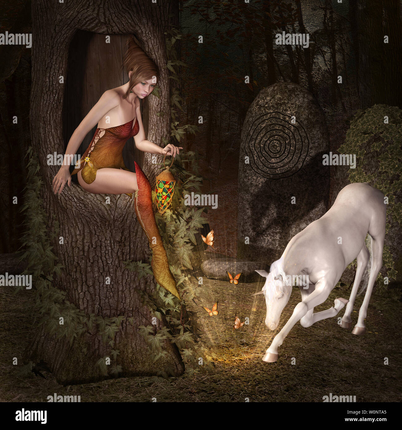 Jeune fée et un cheval blanc à la place du trésor Banque D'Images