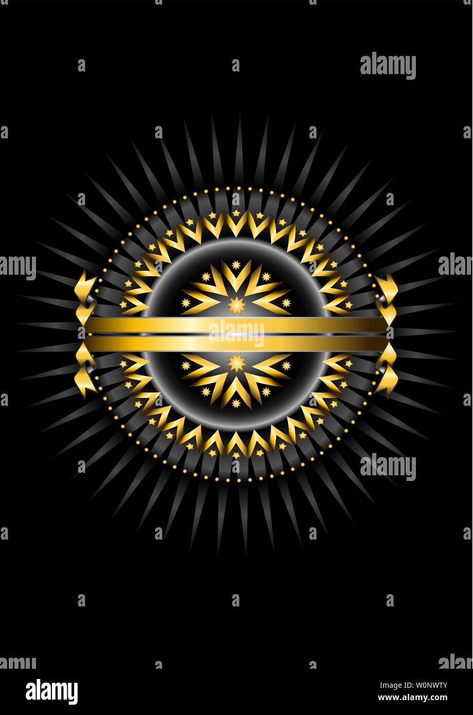 Ronde d'or cadre de perles rondes avec un ovale de flèches d'or et les étoiles sur un fond noir avec des rayons d'argent et un ruban d'or double Illustration de Vecteur