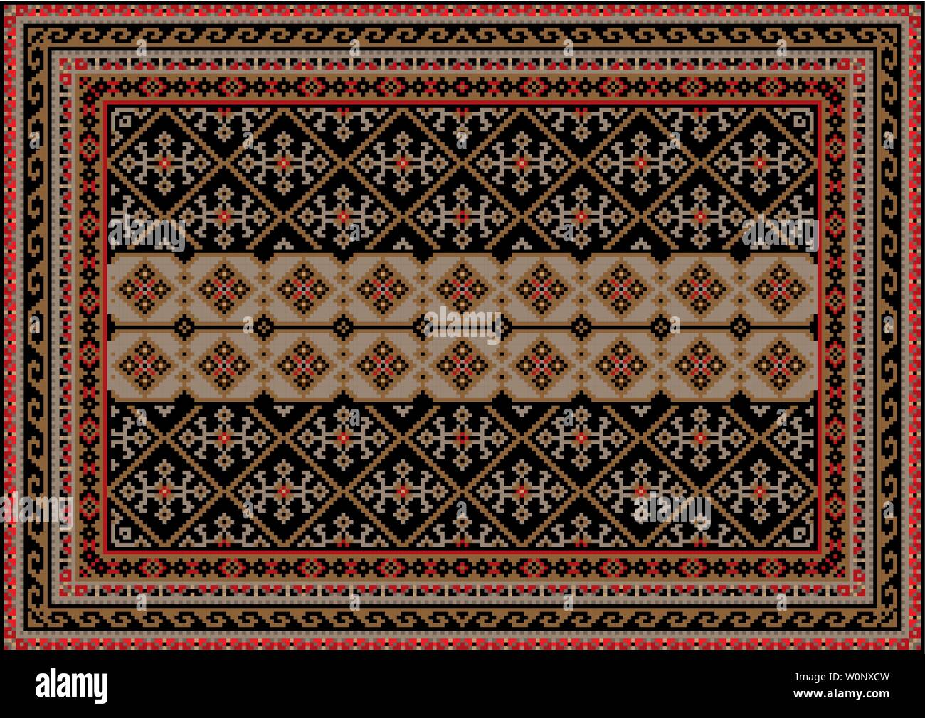 Orientales antiques de luxe tapis dans des tons brun et noir avec bande centrale beige et gris avec motifs rouge Illustration de Vecteur