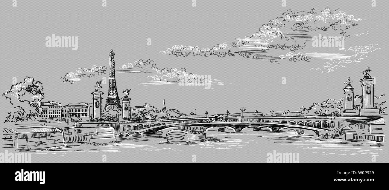 Vector Illustration dessin de la Tour Eiffel (Paris, France). Monument de Paris. Paysage panoramique avec la Tour Eiffel et le Pont Alexandre III, vie Illustration de Vecteur