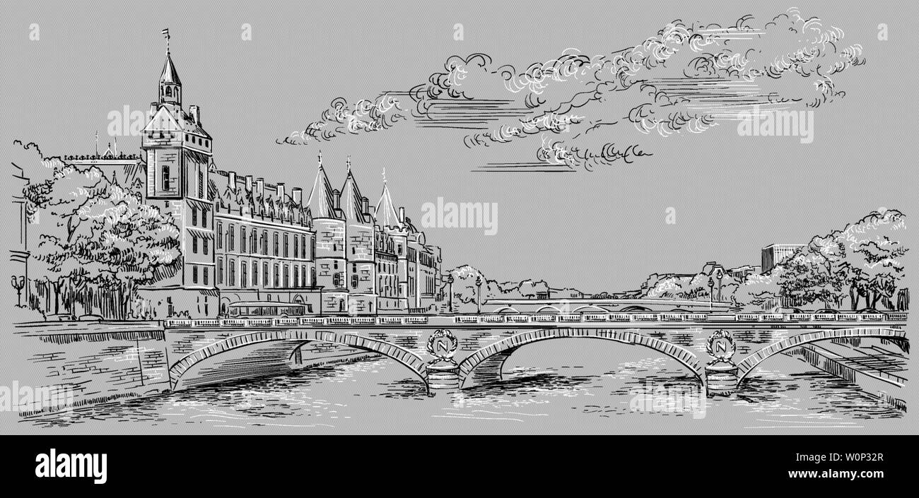 Dessin à la main vecteur Illustration de l'église de conciergerie (Paris, France). Monument de Paris. Paysage urbain panoramique avec Conciergerie et Saint Mi Illustration de Vecteur