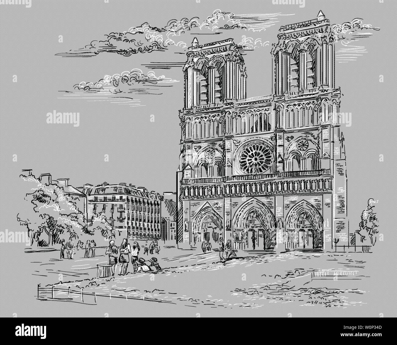 Vector Illustration dessin de la cathédrale Notre-Dame (Paris, France). Monument de Paris. Vue urbaine avec la Cathédrale Notre Dame. Dessin vectoriel Illustration de Vecteur