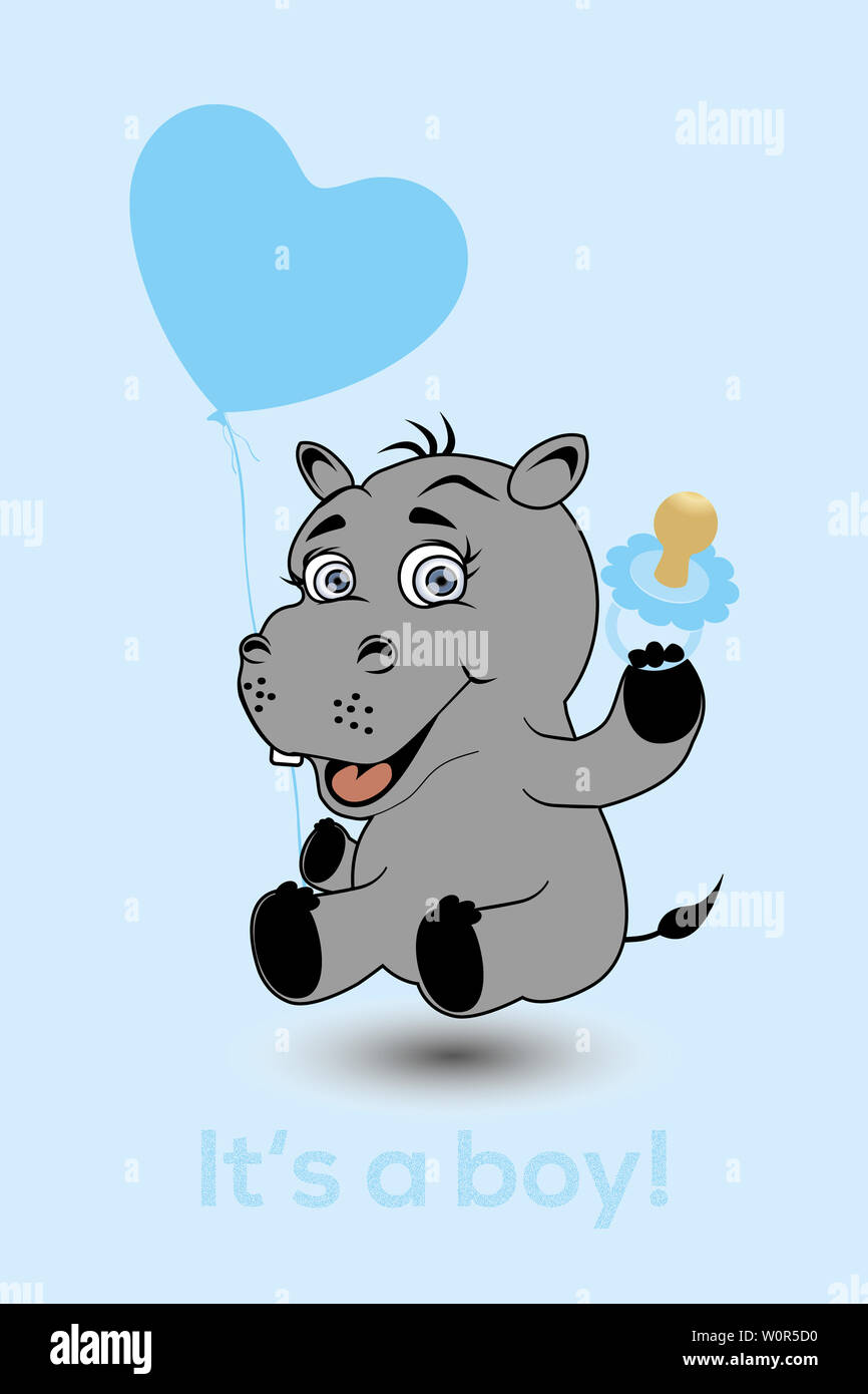 Illustration D Un Mignon Bebe Hippopotame Comme Avec Le Texte C Est Un Garcon Sur Fond Bleu Clair Photo Stock Alamy