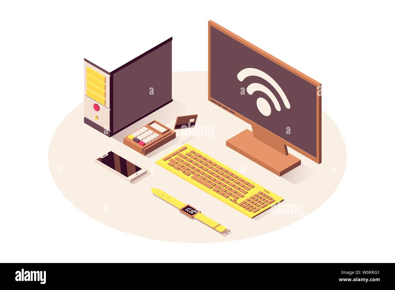 La technologie de l'ITO vector illustration isométrique. Service de cloud computing, connexion Wi-Fi au réseau local, connexion sans fil système de télécommunications. Ordinateur, smartphone, terminal de paiement et smart watch isolated clipart 3d Illustration de Vecteur