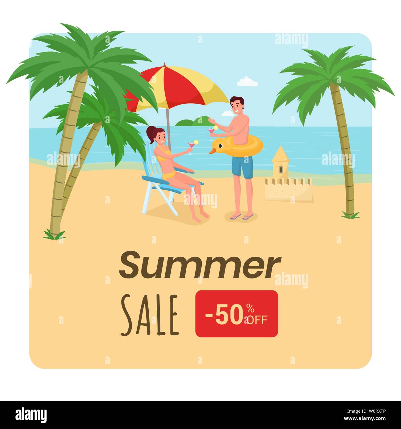 Agence de voyage offre de remise de modèle d'affiche. Famille, couple heureux sur voyage de noces profiter de la nature exotique, boire des cocktails. Station balnéaire : baisse de 50  % de la publicité pour les médias sociaux poster Illustration de Vecteur