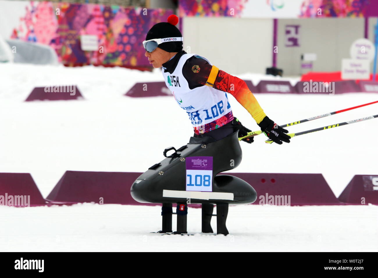 Andrea Eskau mit Schlitten Sotschi, aux Jeux paralympiques 2014 / 2014 Jeux paralympiques d'hiver de Sotchi Banque D'Images