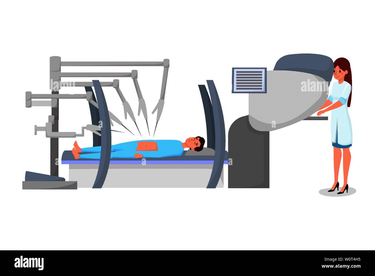 La chirurgie robotique moderne télévision vector illustration. Jeune femme chirurgien et le patient sous anesthésie de personnages de dessins animés. Un médecin travaillant à l'ordinateur, le contrôle du robot chirurgical, des équipements high tech Illustration de Vecteur