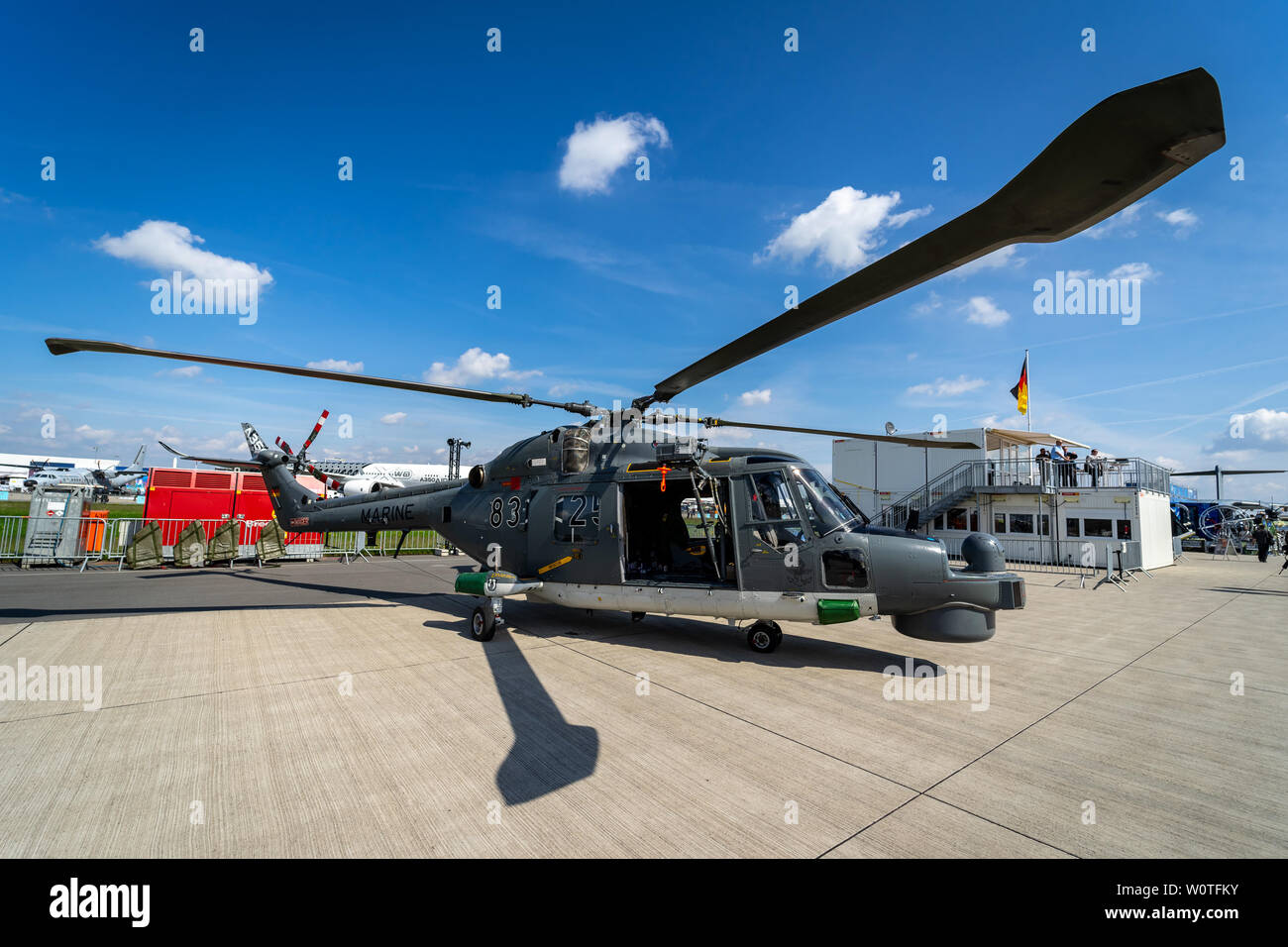 BERLIN - 27 avril 2018 : hélicoptère militaire multi-usage Westland WG-13 Super Lynx Mk88a de la marine allemande. Exposition salon ILA à 2018. Banque D'Images