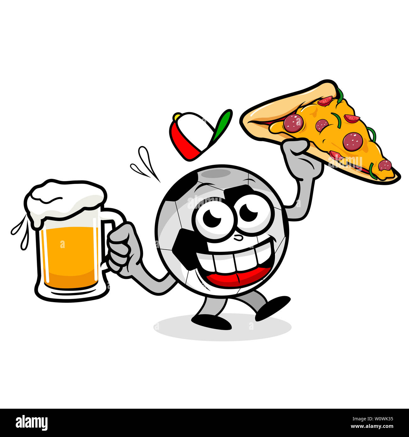 Illustration d'un dessin animé football tenant une bière froide et une tranche de pizza. Banque D'Images