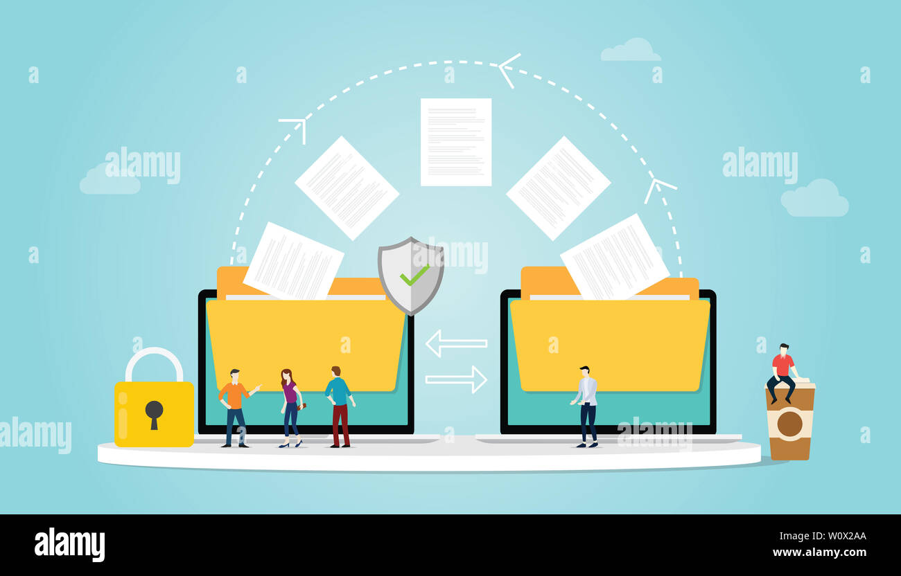 Le concept de transfert de fichier avec le transfert de fichiers et dossiers se déplacer avec l'équipe de sécurité et d'un cadenas et les gens avec une télévision moderne style - vector illustration Banque D'Images
