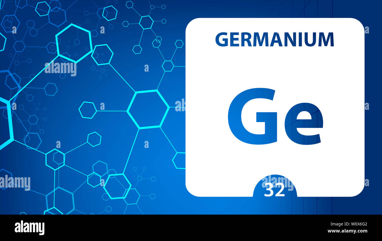 32 de l'élément chimique Germanium tableau périodique. Arrière-plan de la communication et de la molécule. Ge chimique, de laboratoire et de la science historique. Chem essentiels Banque D'Images