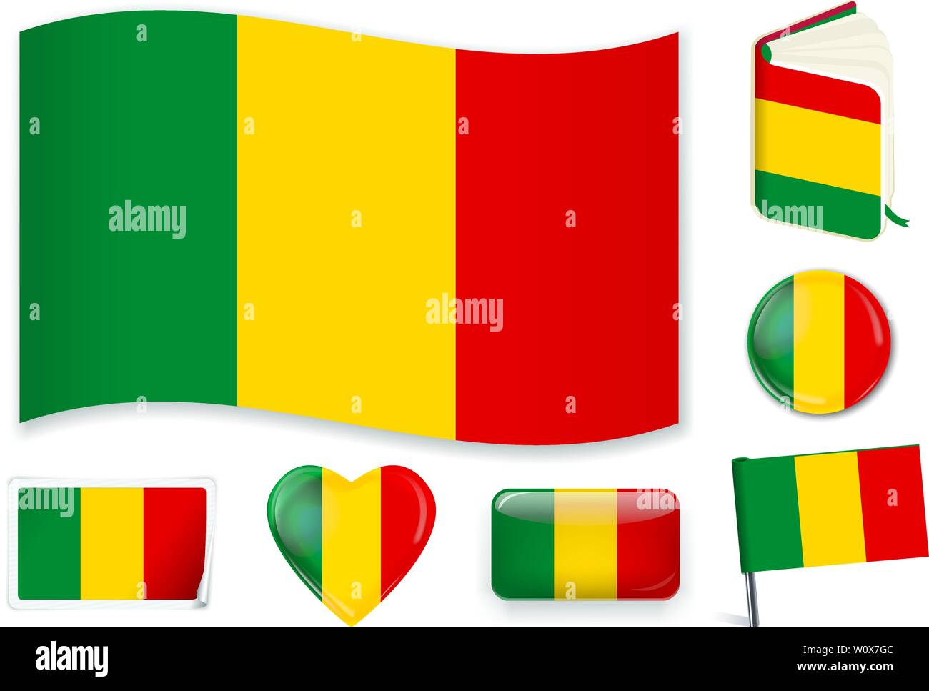 Drapeau national du Mali. Vector illustration. 3 couches. Ombres, télévision drapeau, lumières et ombres. Collection de 220 drapeaux du monde. Des couleurs précises. Changements faciles. Illustration de Vecteur