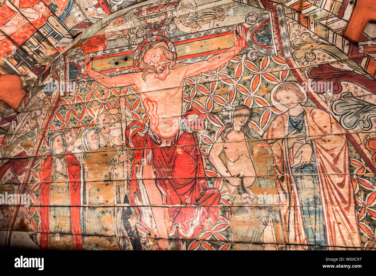 Musée historique d'Oslo, voir de la Crucifixion dans l'Al'Église plafond (1250 AD) situé dans la cité médiévale de la Galerie du Musée Historique d'Oslo. Banque D'Images