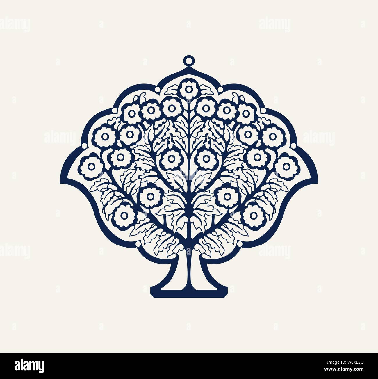 Indigo bloc de bois imprimé composition florale. Motif ethnique traditionnel de l'Inde du Nord avec un arbre en fleurs, bleu marine sur fond écru. Illustration de Vecteur