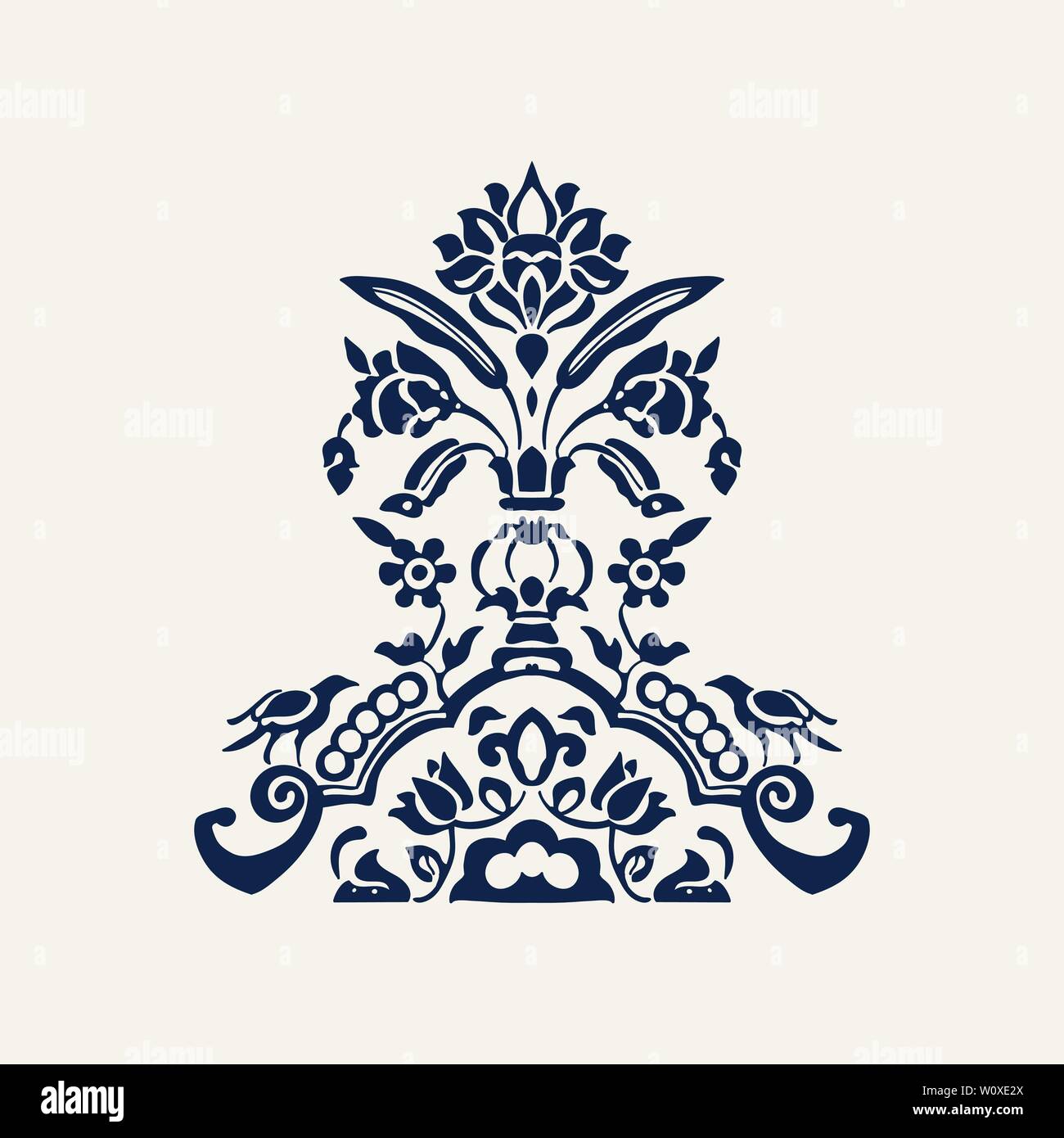 Indigo bloc de bois imprimé kaleidoscope composition florale. Motif ethnique traditionnel de l'Inde du Nord, bleu marine sur fond écru. Illustration de Vecteur
