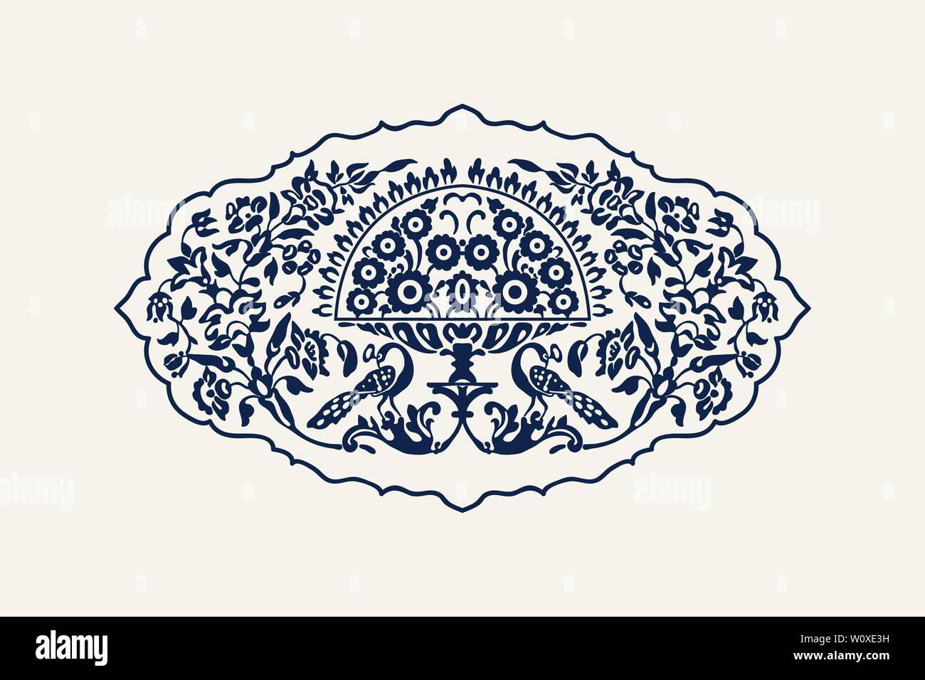 Indigo bloc de bois imprimé composition florale. Motif ethnique traditionnel de l'Inde avec des fleurs et des paons, bleu marine sur fond écru. Illustration de Vecteur