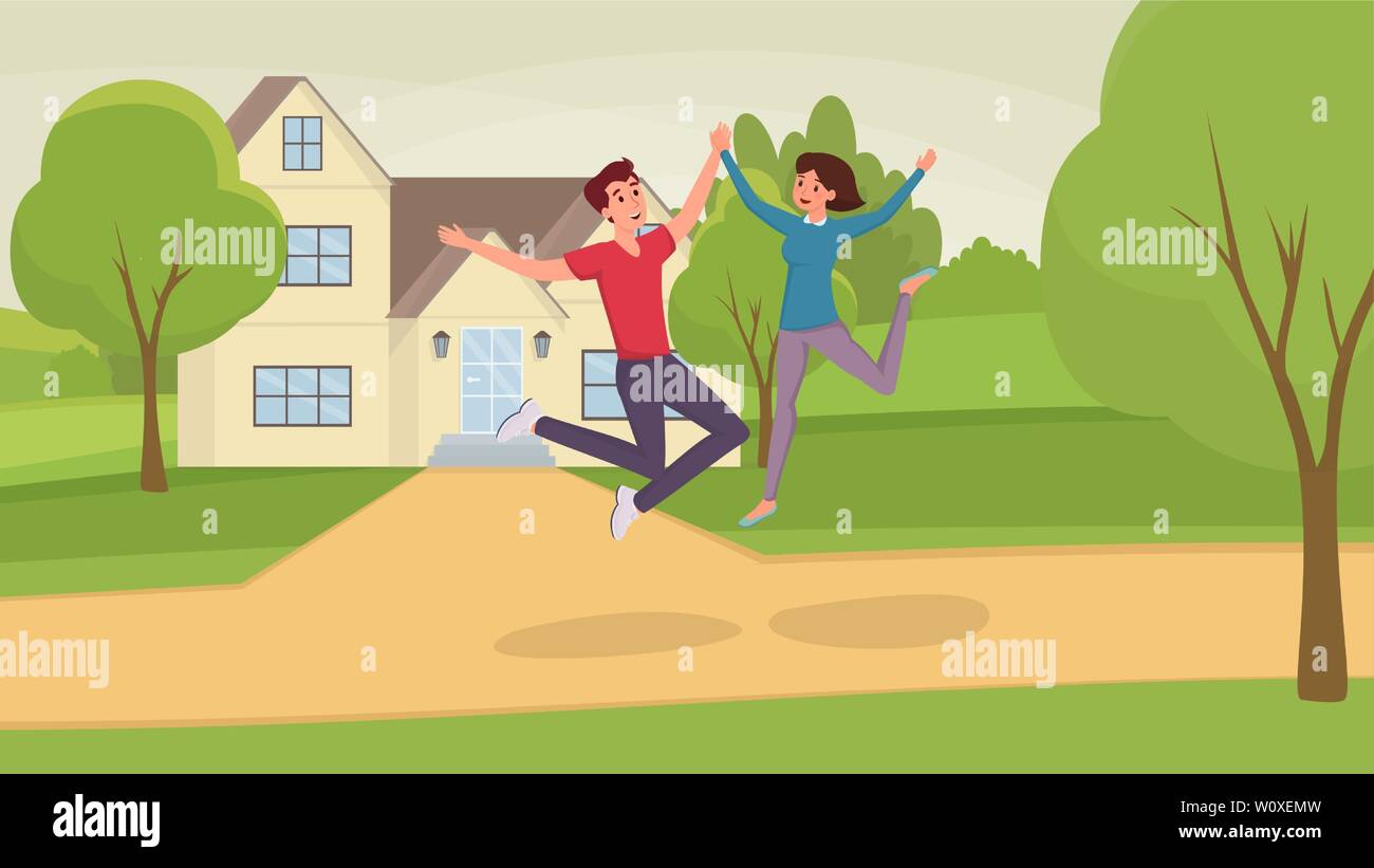 Les gens de saut télévision vector illustration. Heureux mari et femme, homme et femme, les amis de personnages de dessins animés s'amusant. Heureux couple sautant près de house entre les arbres, de l'immobilier Illustration de Vecteur