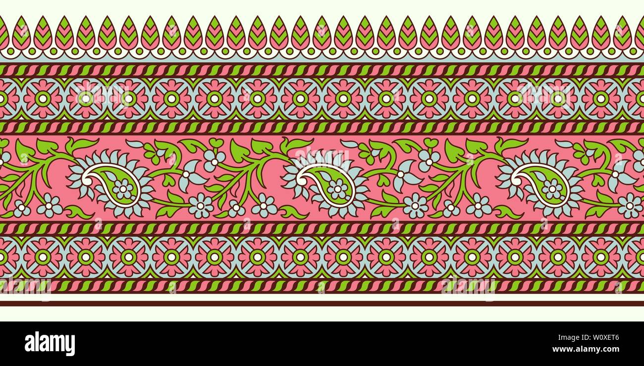 Imprimé floral ethnique sur bois sans frontière. Ornement oriental traditionnel de l'Inde, motif paisley, vert, rose et bleu sur fond écru. Illustration de Vecteur