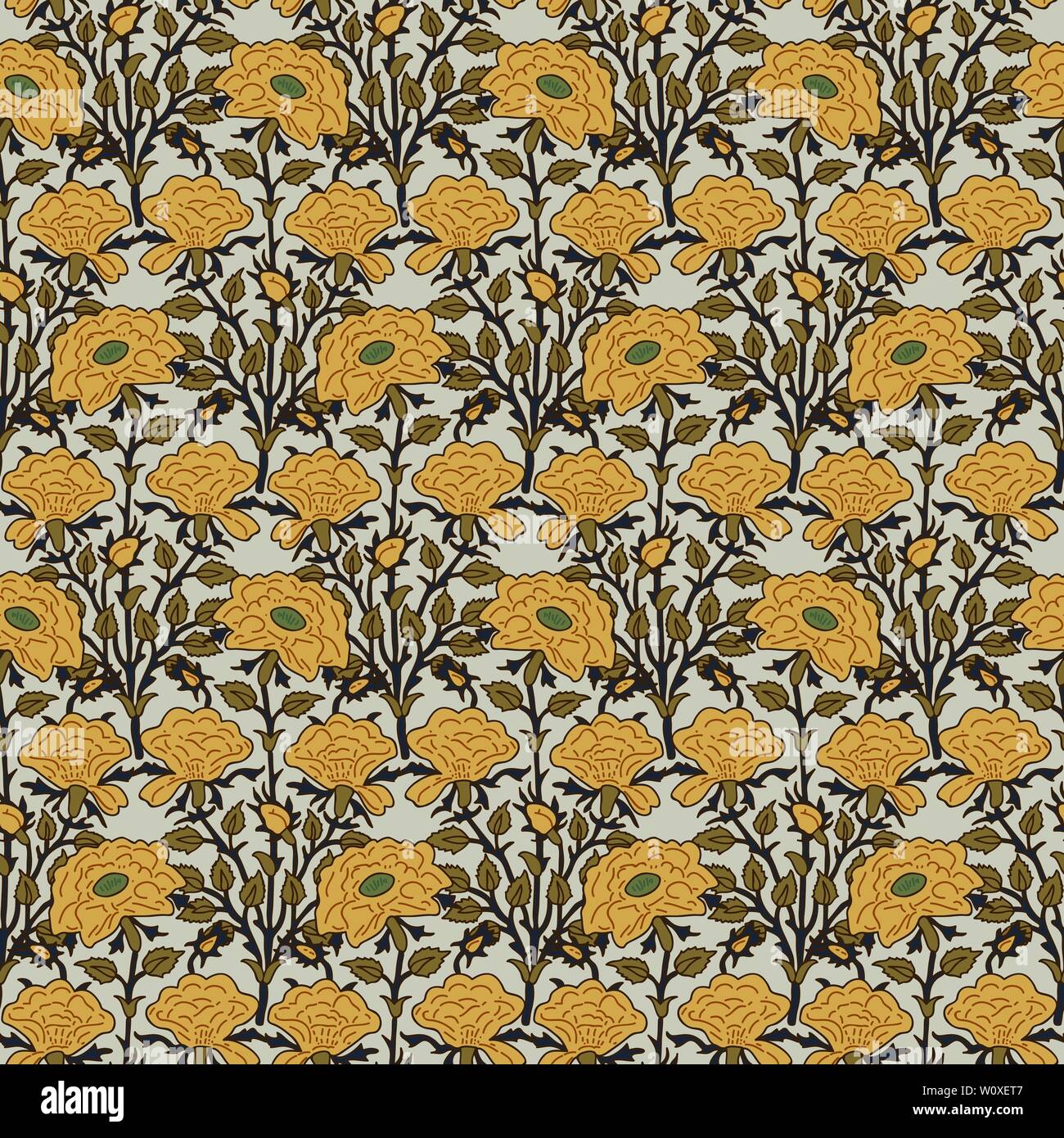Imprimé sur bois sur toute transparente motif floral ethnique. Motif oriental traditionnel de l'Inde avec des bouquets de roses jaunes sur fond écru. Illustration de Vecteur