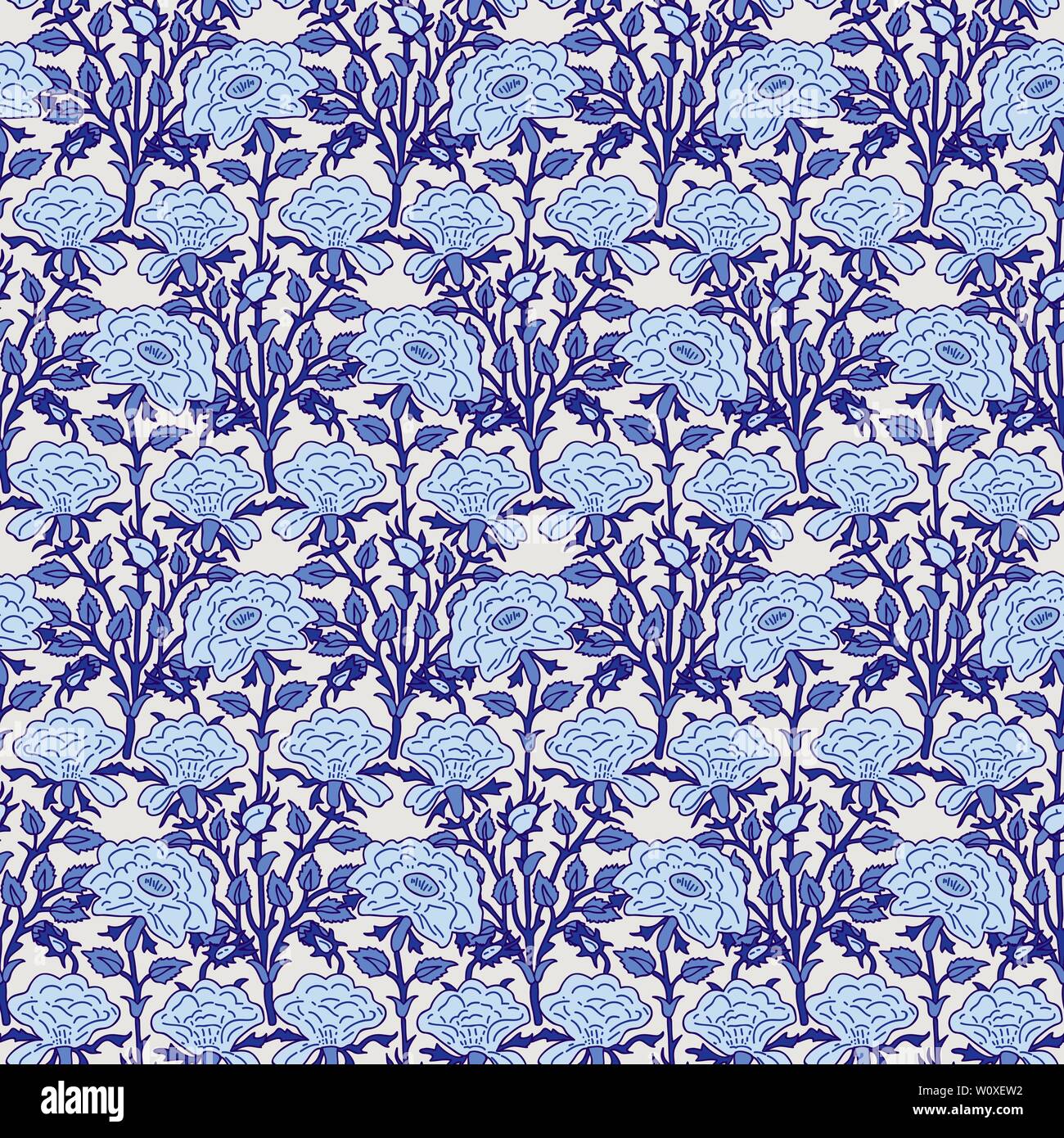 Imprimé sur bois la teinture à l'indigo sur tous les ethniques transparente motif floral. Motif oriental traditionnel de l'Inde avec des bouquets de roses bleu Illustration de Vecteur