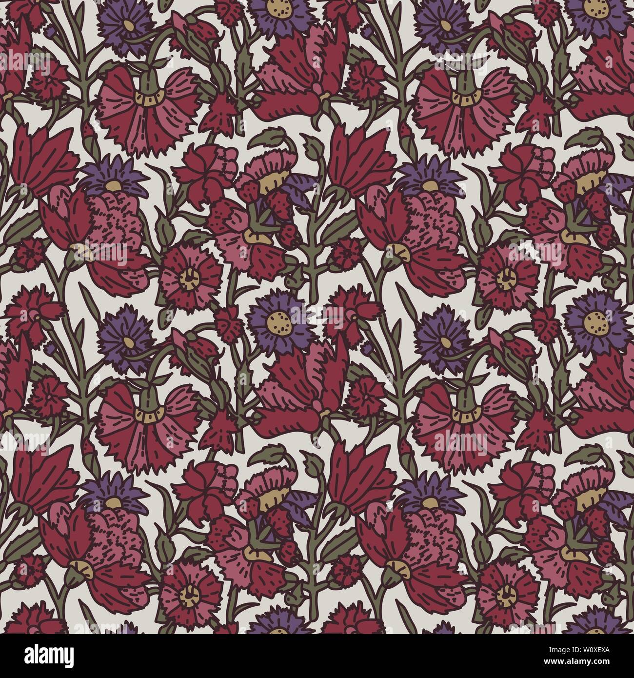 Imprimé sur bois sur toute transparente motif floral ethnique. Motif oriental traditionnel de l'Inde avec œillets sur fond écru. Le design textile. Illustration de Vecteur