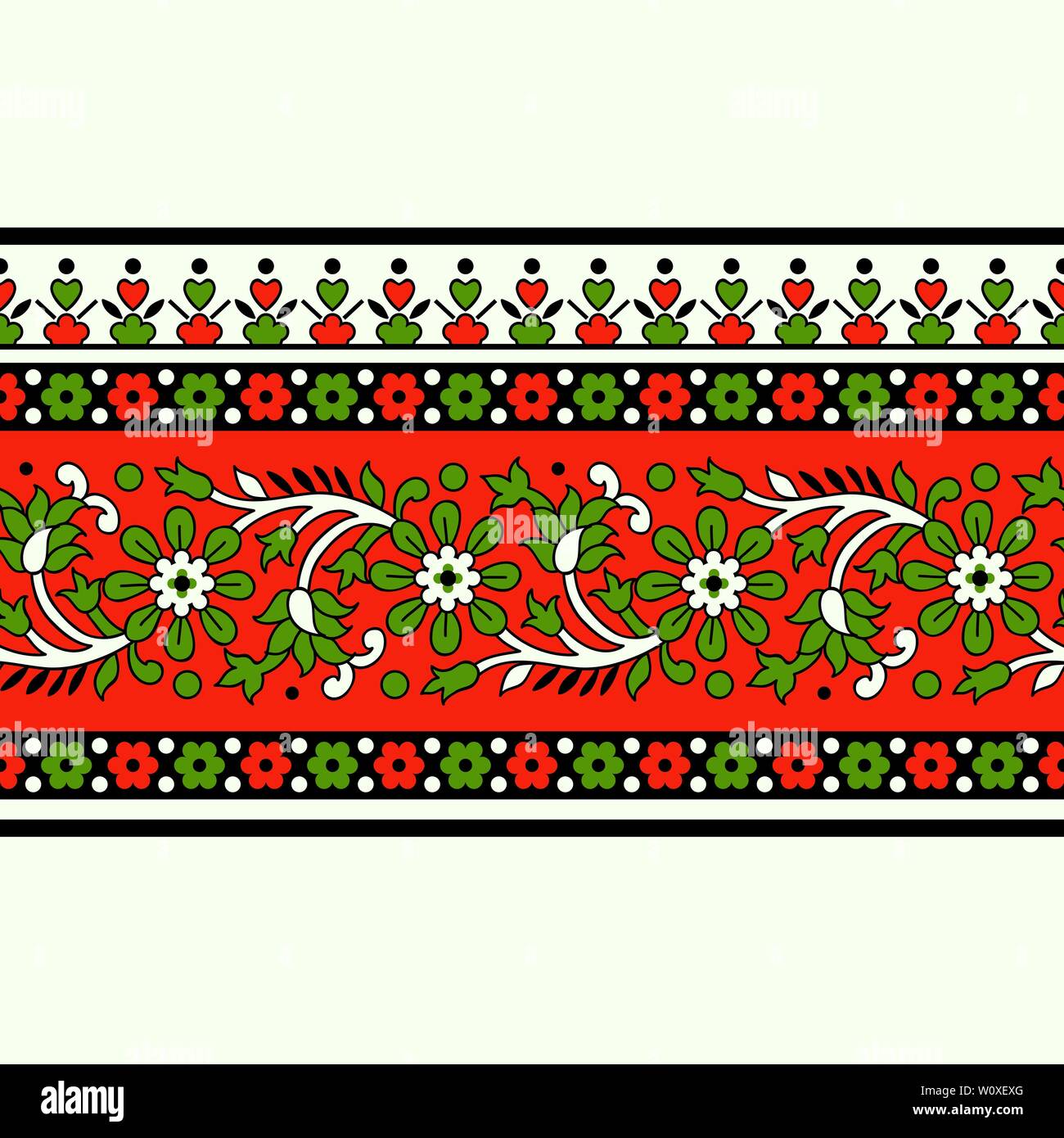 Imprimé floral ethnique sur bois sans frontière. Ornement oriental traditionnel de l'Inde, avec des fleurs motif méandre, rouge et vert sur fond écru Illustration de Vecteur