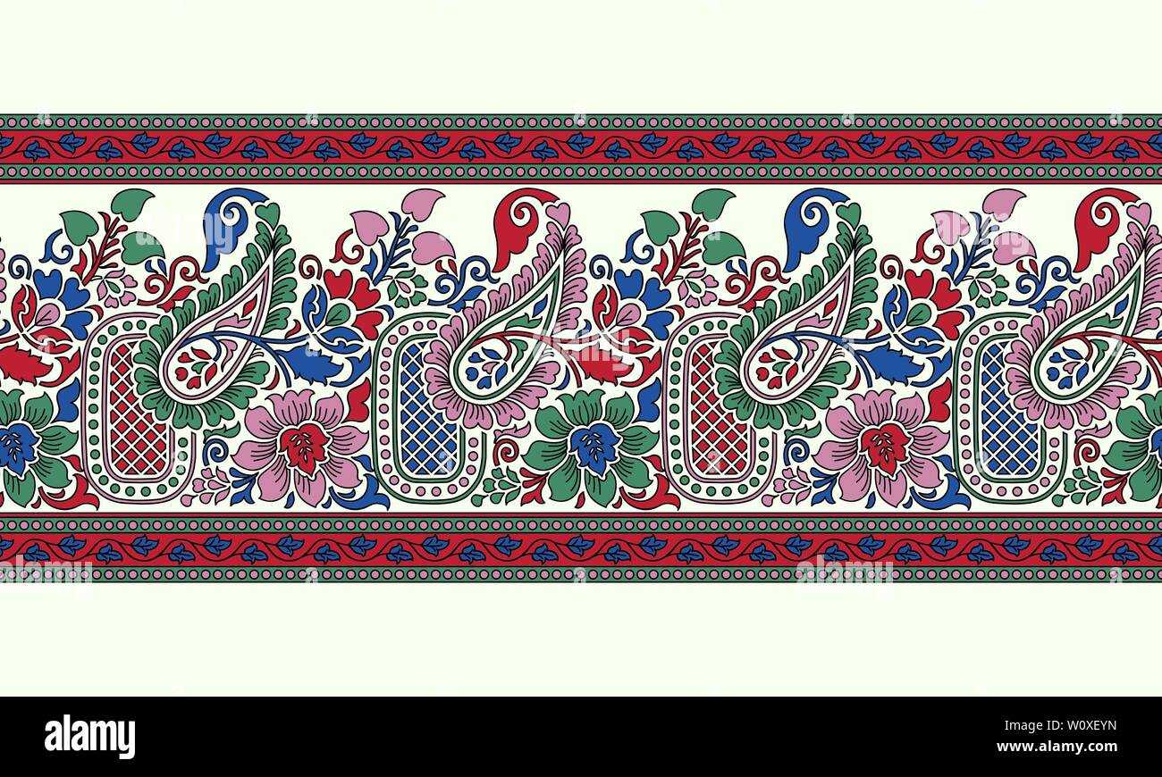 Imprimé floral ethnique sur bois sans frontière. Ornement oriental traditionnel de l'Inde, paisley et motif fleurs, rouge, vert, rose et bleu sur l'écru. Illustration de Vecteur