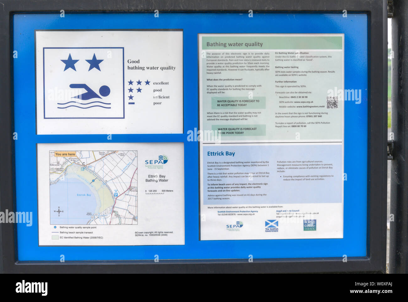 Informations Inscription à Ettrick Bay, île de Bute, Ecosse, sur la qualité des eaux de baignade. Banque D'Images