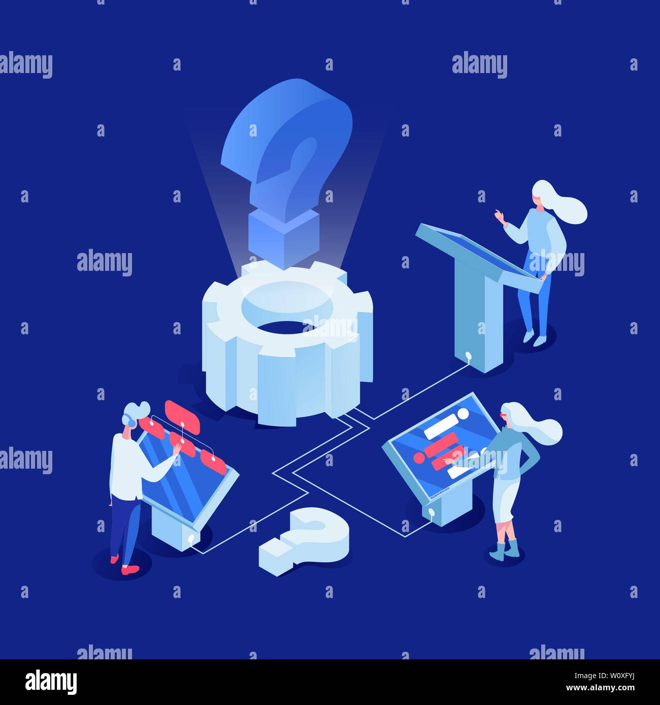 Technologies Innovantes. illustration isométrique vectoriel Les personnes travaillant avec des expositions interactives, question signe avec les personnages de dessins animés 3d à crémaillère. L'apprentissage machine, intelligence artificielle, AI Illustration de Vecteur