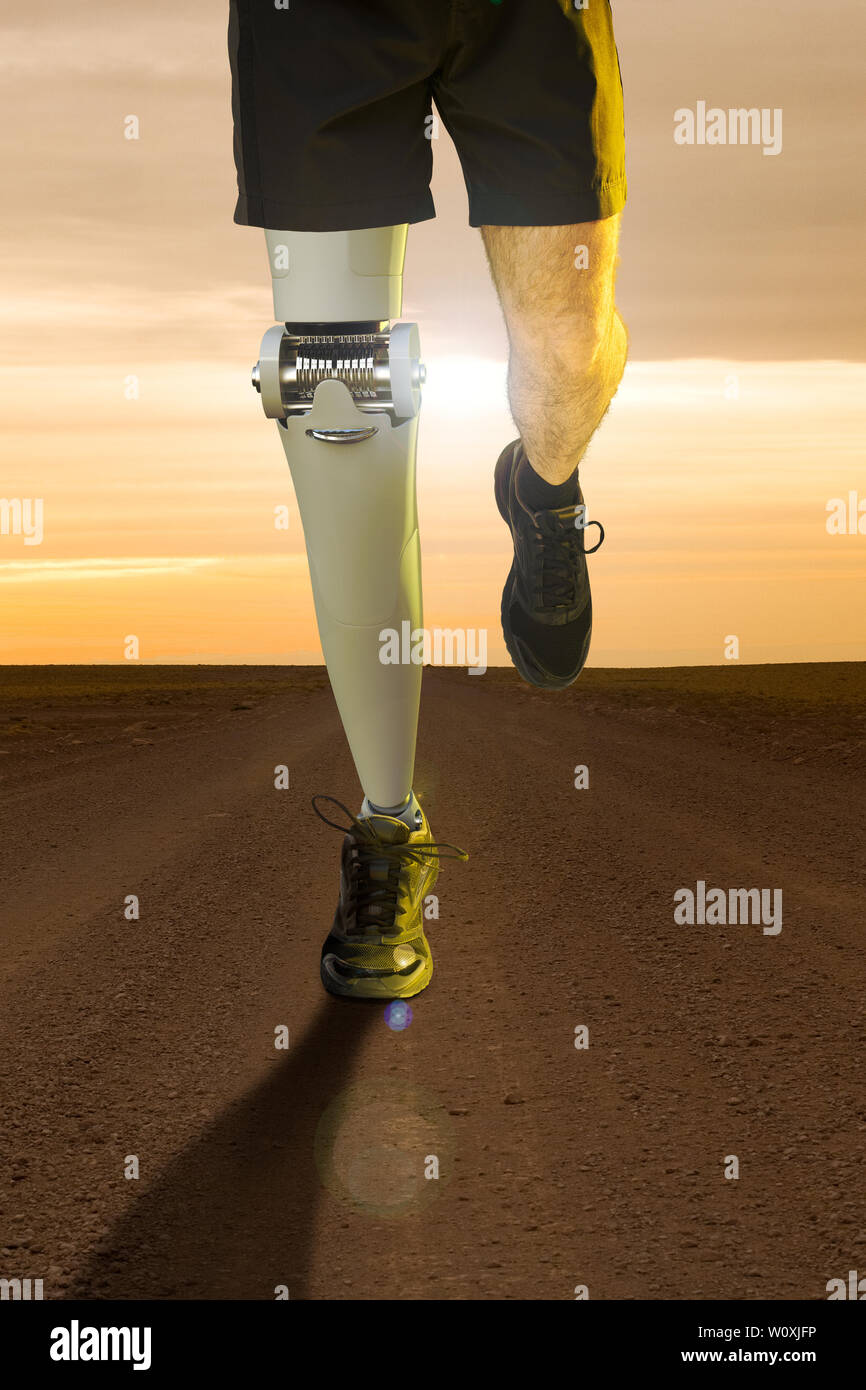 Le rendu 3D d'une jambe orthopédique d'un coureur de traverser le désert Banque D'Images