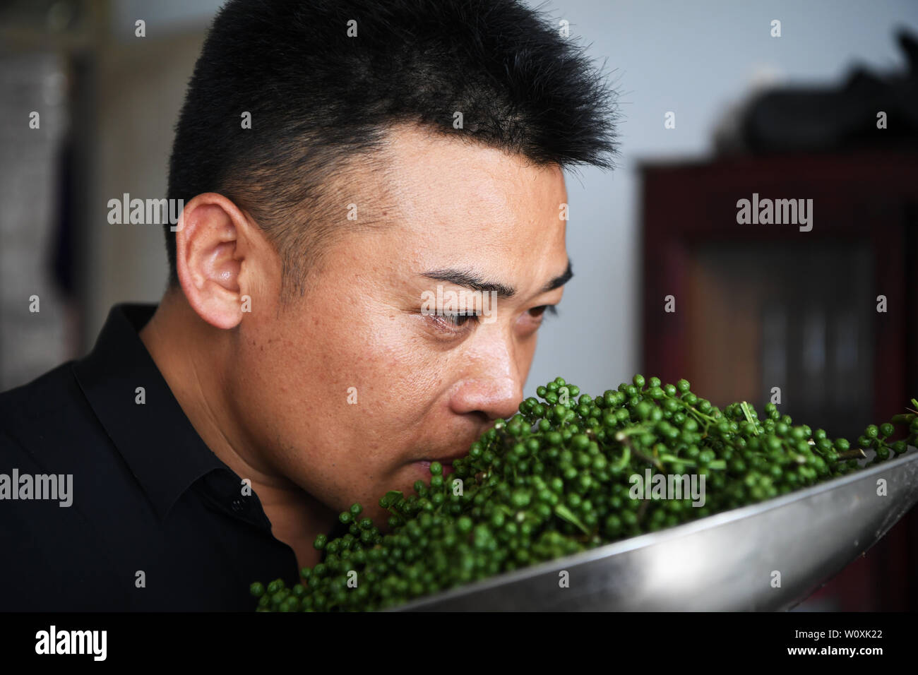 (190628) -- CHONGQING, 28 juin 2019 (Xinhua) -- Liu Yi sent nouveau choisi piments dans Nanchuan District, Chongqing, du sud-ouest de la Chine, 27 juin 2019. Malgré la perte de son bras droit dans un accident à l'âge de neuf ans, 44 ans, Liu Yi n'a jamais baissé la tête vers le destin. Après l'obtention du diplôme d'une école de formation professionnelle en 1994, il a essayé de nombreux emplois comme lave-vaisselle, fruits concessionnaire et mineur de charbon. Depuis 2010, il a décidé de démarrer sa propre entreprise à sa ville natale en organisant les villageois à planter des racines de bambou et d'élever des poulets. Ses efforts ont porté fruit. En 2016, toutefois, Liu Yi s'intereste Banque D'Images