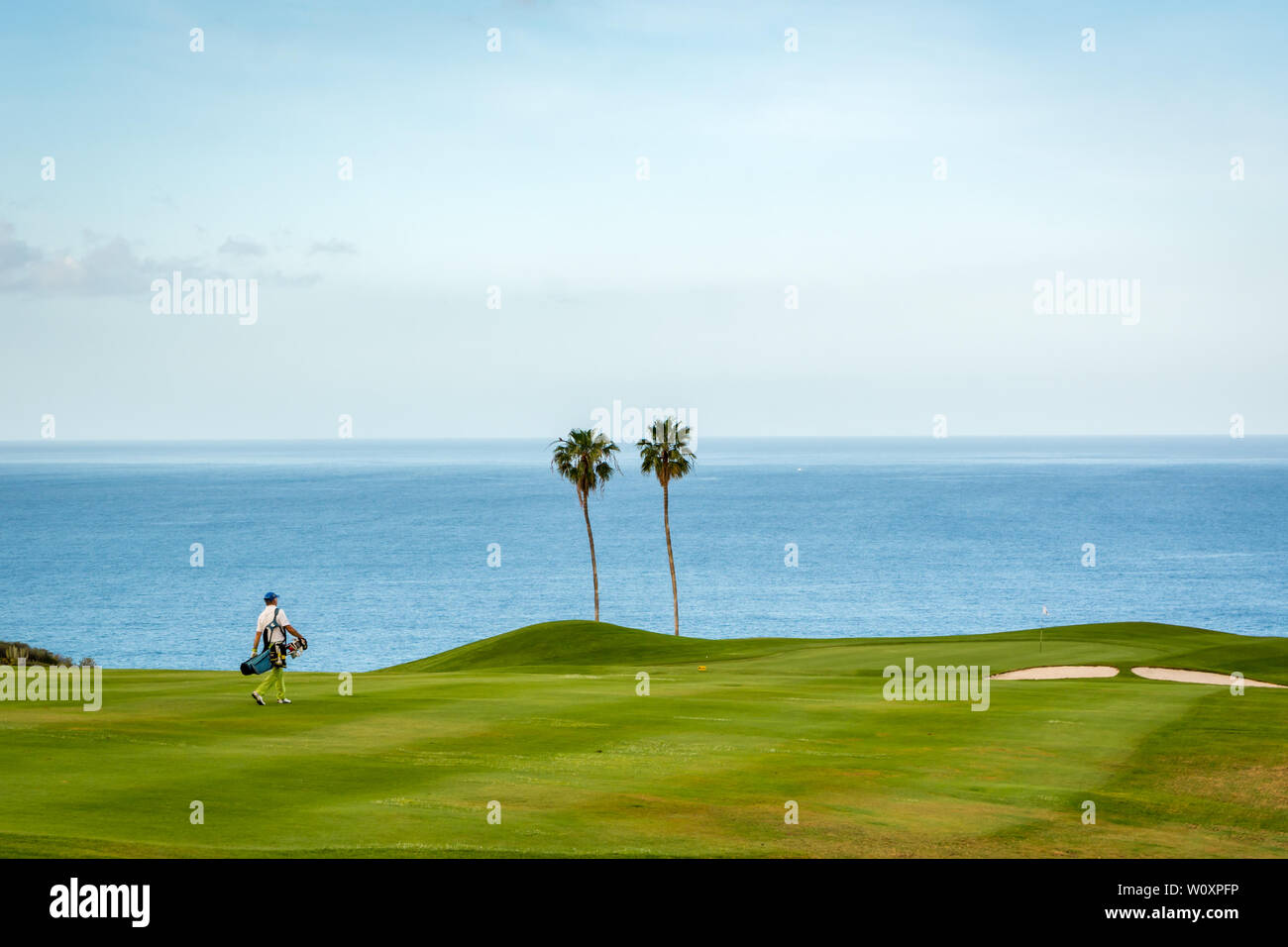 Sur le terrain de golf, avec des palmiers et l'océan à Ténérife Banque D'Images