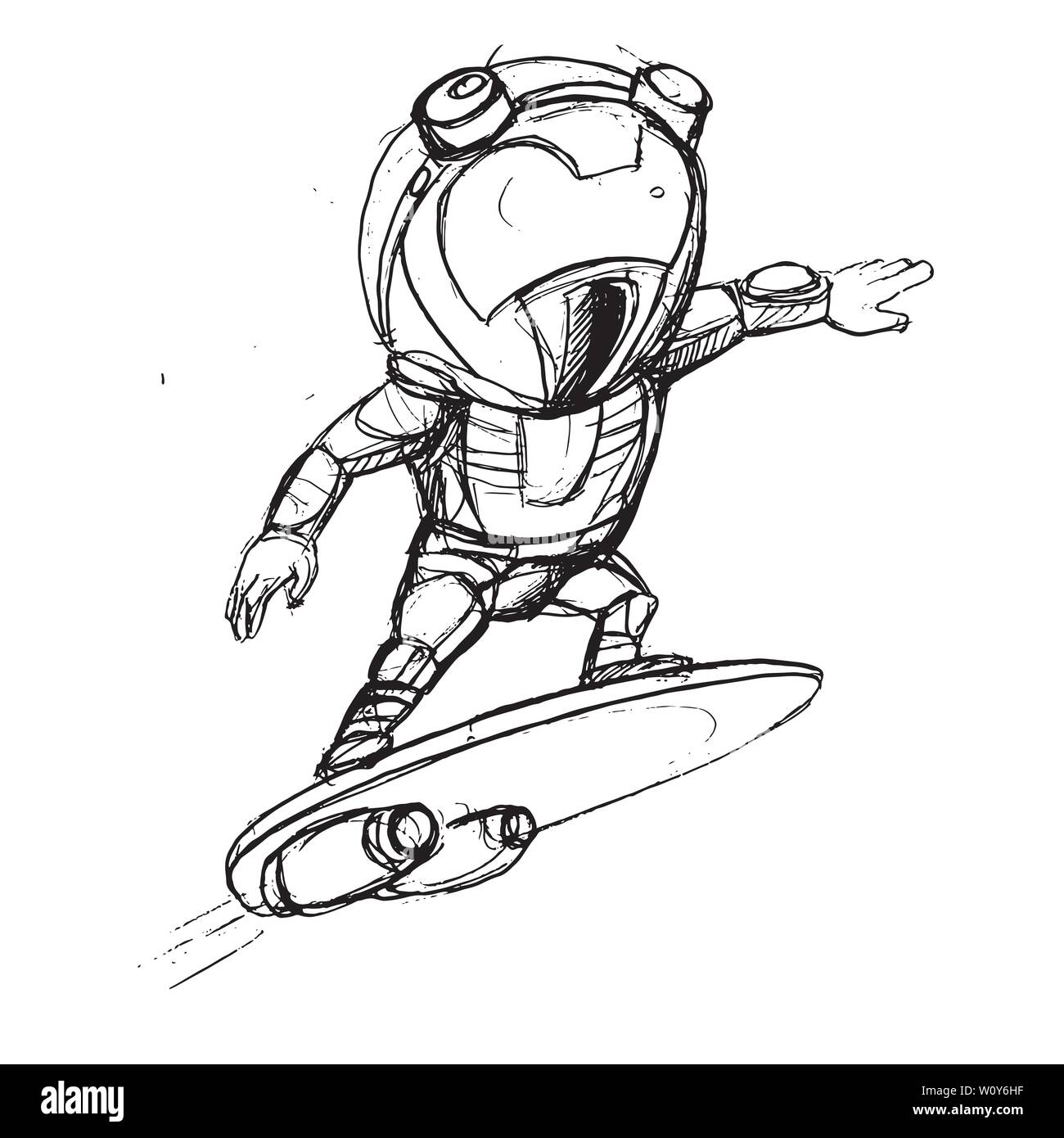 Un astronaute sur flying surf.la solitude dans l'espace. Vector illustration noir et blanc à colorier pour Illustration de Vecteur