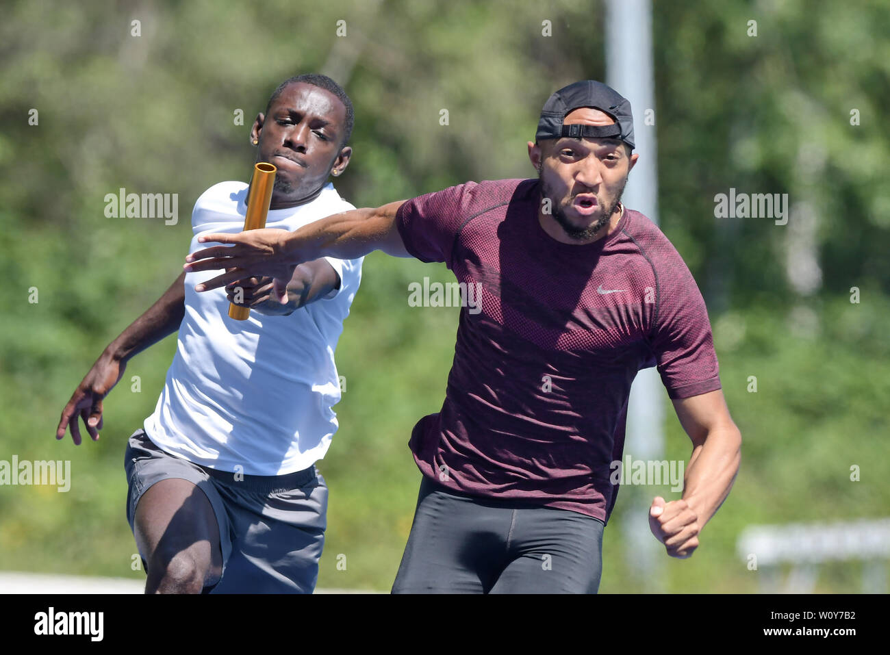 27 juin 2019 Papendal, pays-Bas entraînement 4x100m estafette V.l.N.n.r: Taymir Burnett, Hensley Paulina entraînement estafetteploegen 4 x 100 m Papendal Banque D'Images