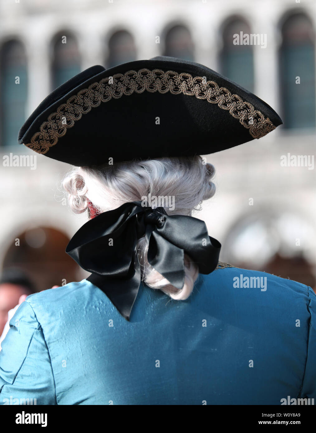 Homme avec perruque blanche et chapeau dans le texte avec l'arrière-plan  d'un palais vénitien historique pendant la carnaval de Venise Photo Stock -  Alamy