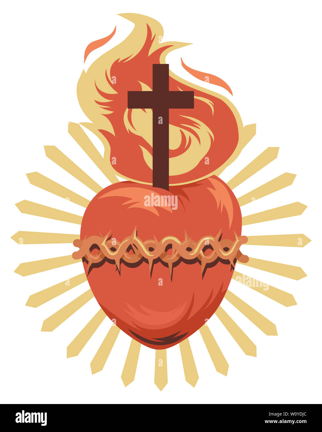 Illustration du Sacré-Cœur de Jésus Christ ou un coeur avec une croix et le feu sur le dessus et des épines autour de Banque D'Images