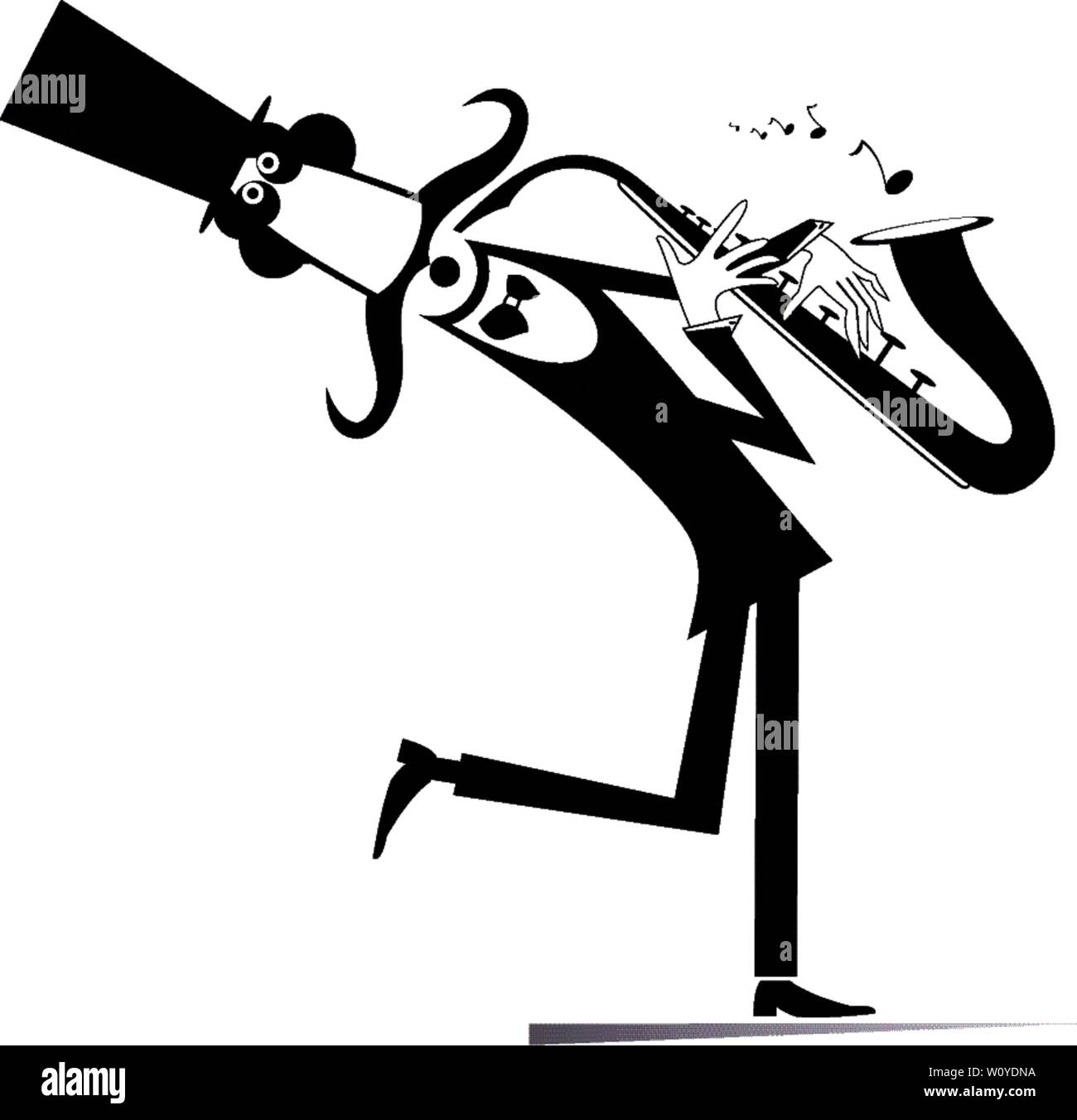 Cartoon illustration saxophoniste longues moustaches. Dans l'homme moustache souriant top hat est la lecture de la musique au saxophone avec inspiration noir sur blanc Illustration de Vecteur