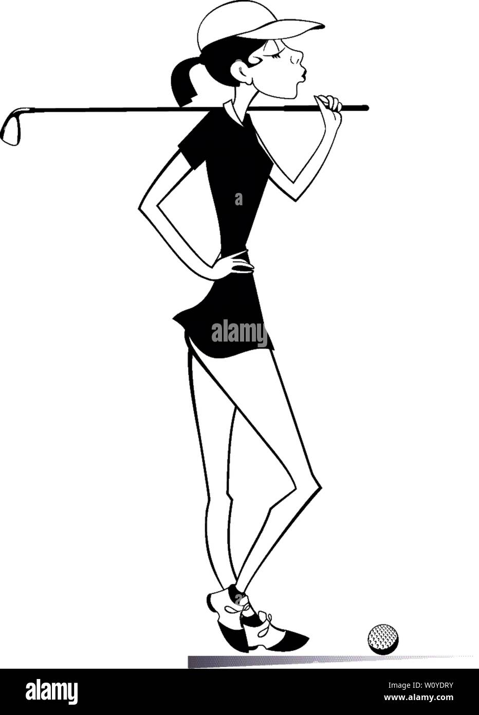 Jeune femme golfeur sur le parcours de golf noir sur blanc illustration Illustration de Vecteur