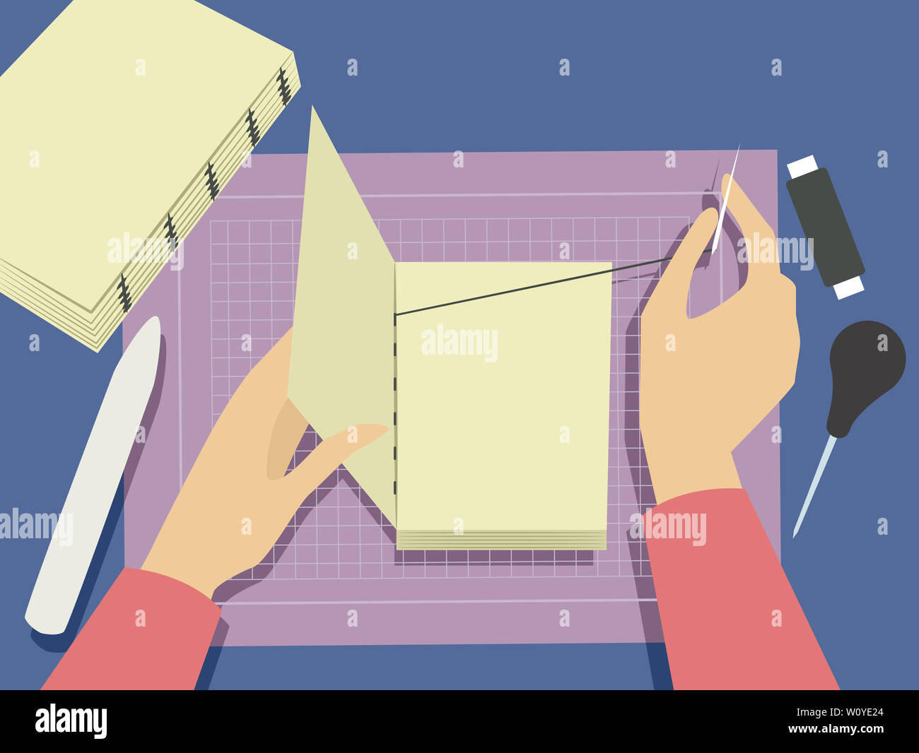 Illustration d'une main tenant une reliure de livre, de coutures aiguille ensemble pour former un livre Banque D'Images