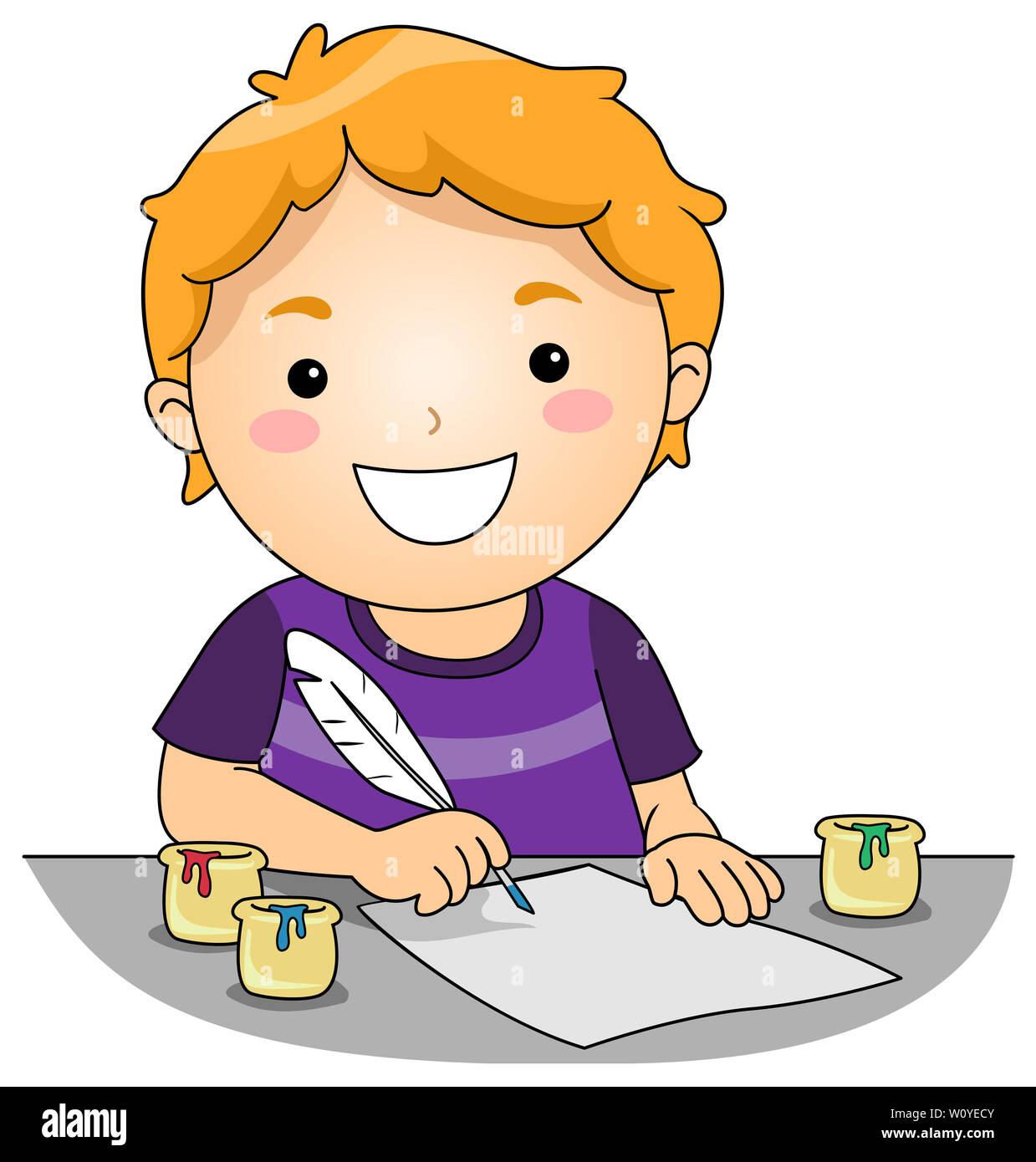 Illustration d'un enfant garçon à l'aide d'une plume et encre de couleur  pour le dessin Photo Stock - Alamy