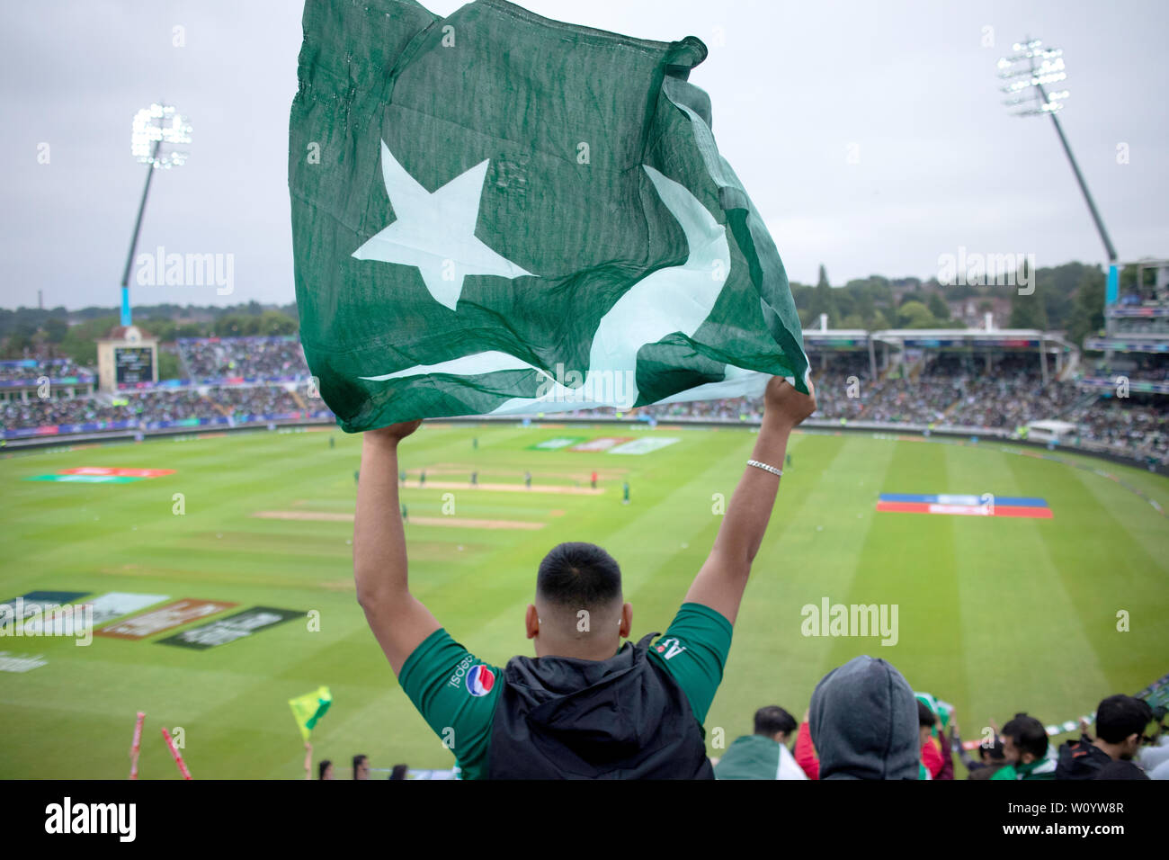 26 Juin, 2019 - Le Pakistan les partisans de passion soutenir leur équipe contre la Nouvelle-Zélande à Birminghan Edgebaston, pendant la Coupe du Monde de la CCI 2019 Banque D'Images